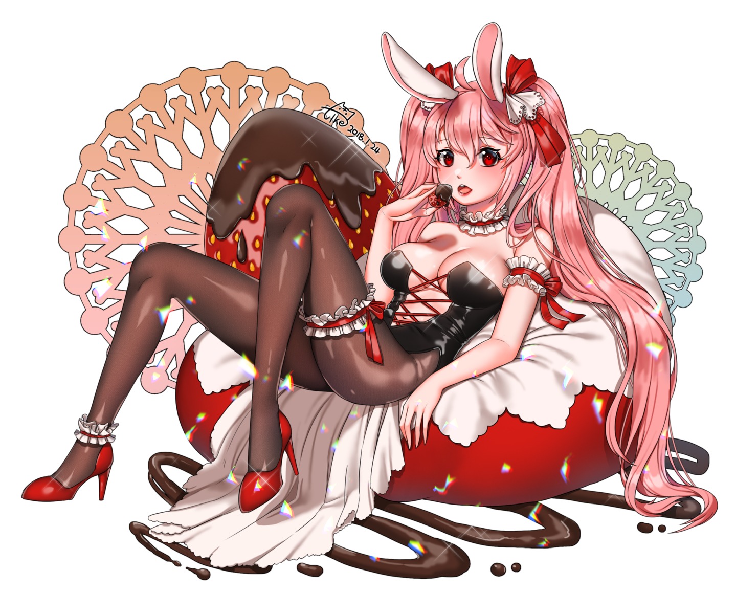 animal_ears bunny_ears bunny_girl cleavage garter heels no_bra pantyhose tacco_(tikeworld)