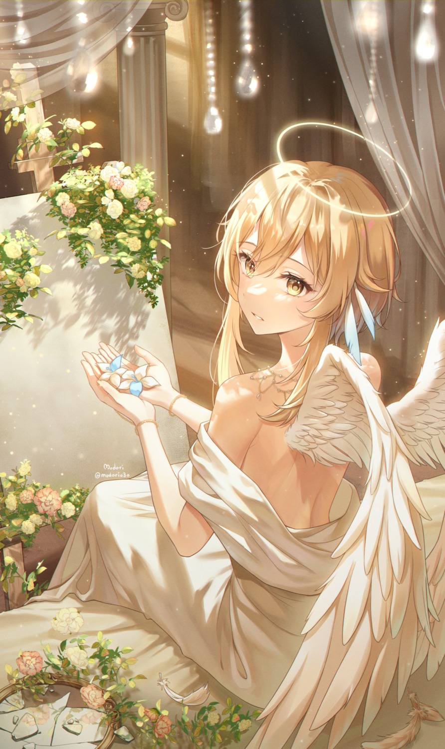 angel dress genshin_impact gloria_(gloriao3o) lumine no_bra wings