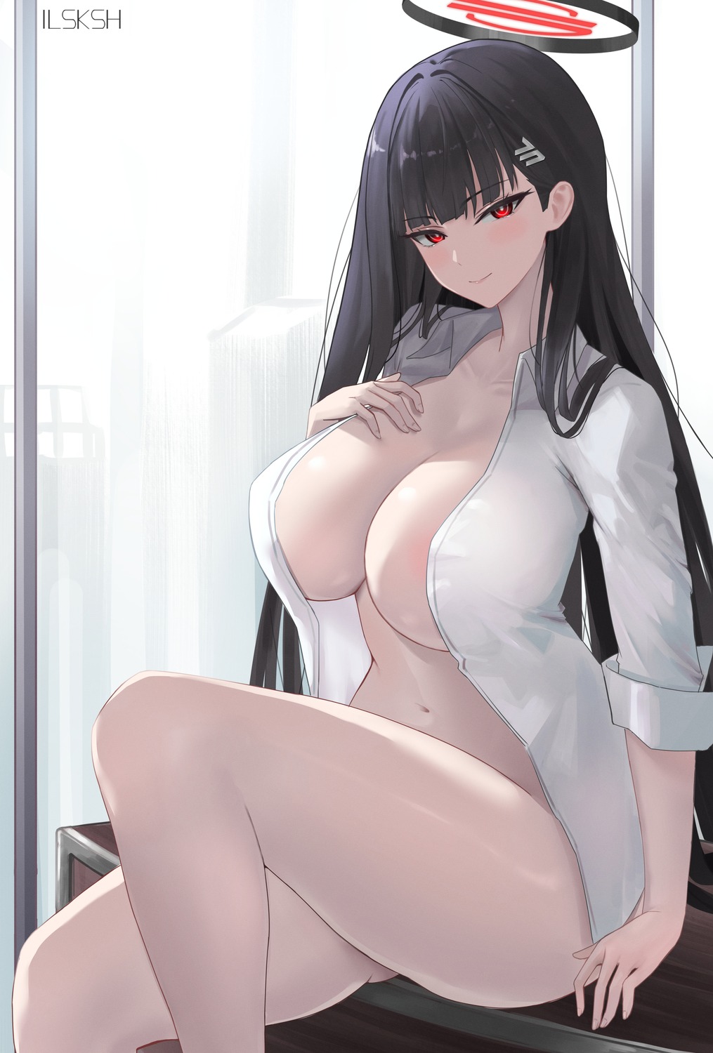 blue_archive bottomless dress_shirt halo ilsksh no_bra open_shirt tsukatsuki_rio