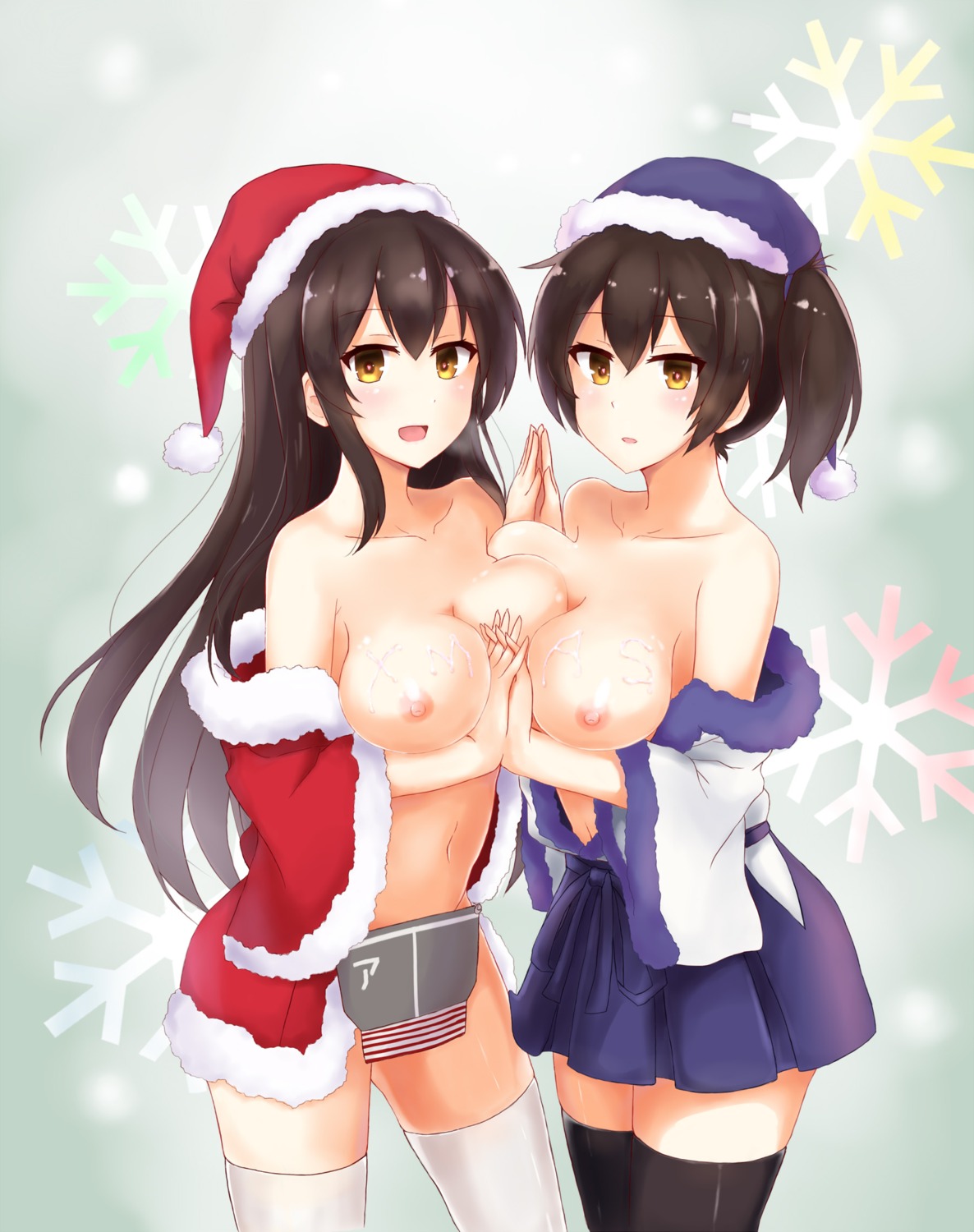 akagi_(kancolle) breasts cai_geng christmas kaga_(kancolle) kantai_collection nipples no_bra open_shirt symmetrical_docking thighhighs