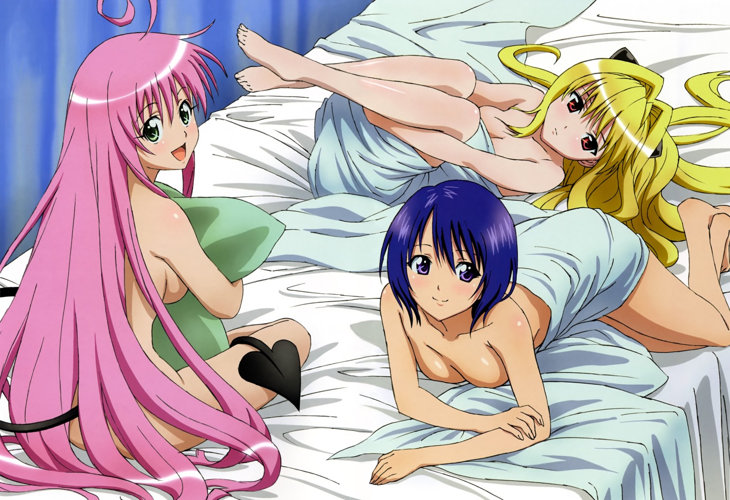 cleavage golden_darkness kutsuzawa_youko lala_satalin_deviluke loli naked sairenji_haruna tail to_love_ru towel