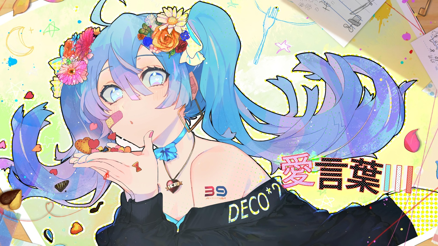 bandaid hachisan_(sink916) hatsune_miku no_bra tattoo vocaloid wallpaper