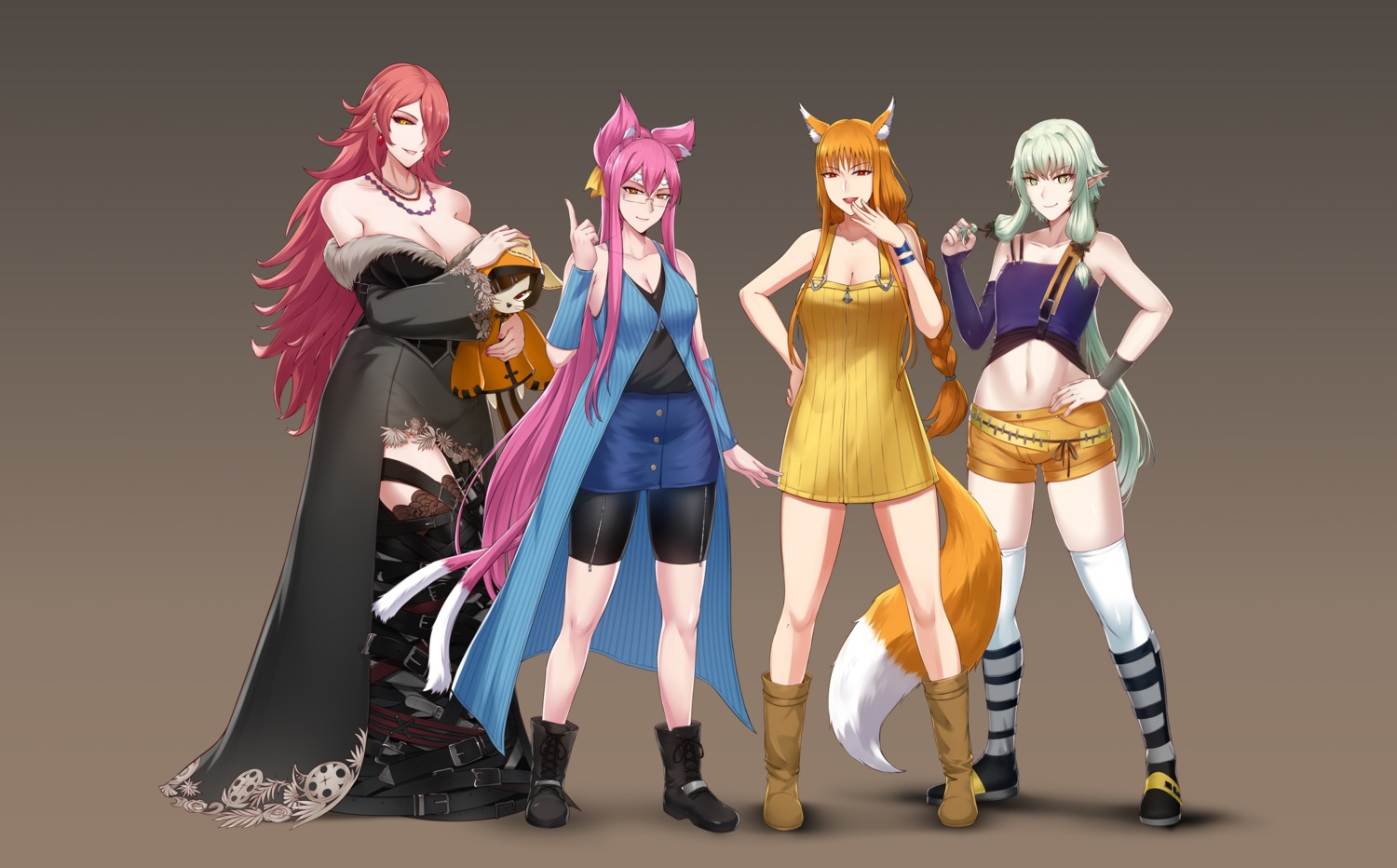 animal_ears bike_shorts blazblue cosplay crossover dress elf final_fantasy goblin_slayer high_elf_archer holo kokonoe megane nekomimi nine_the_phantom no_bra pointy_ears spice_and_wolf swordwaltz tail thighhighs