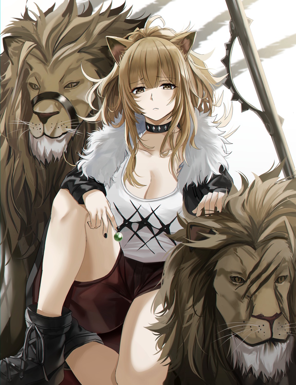 animal_ears arknights cleavage nick_(nikek96) siege_(arknights) weapon