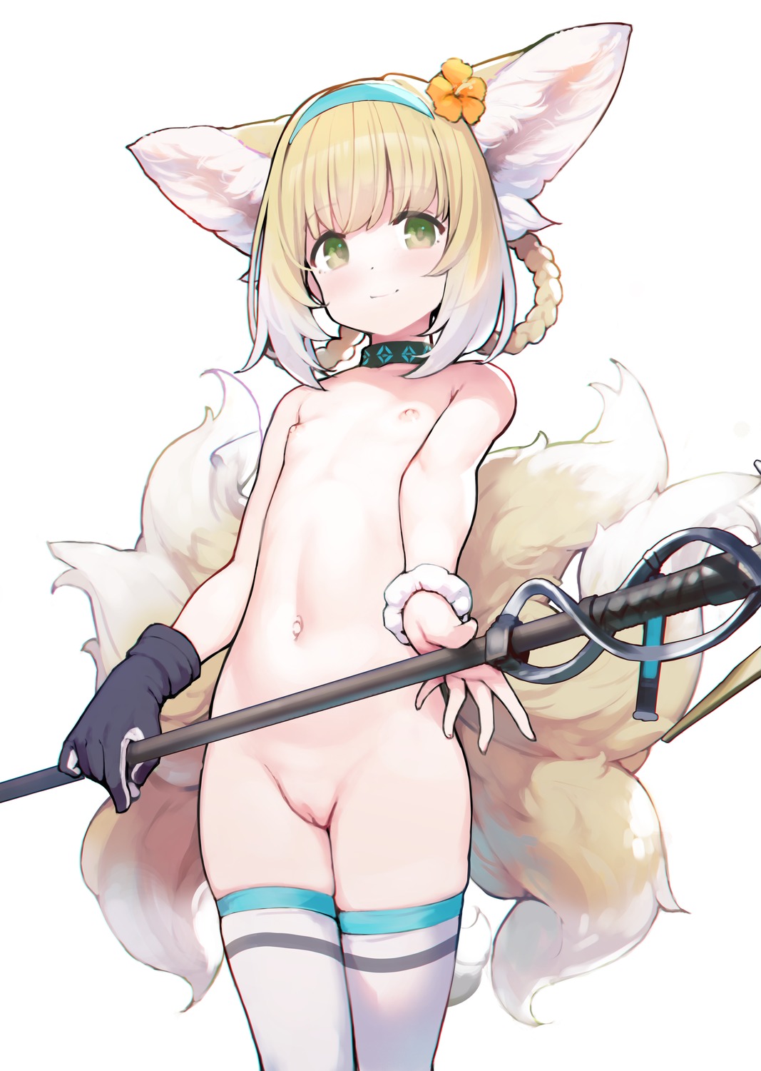 animal_ears arknights ataruman kitsune loli naked nipples pussy suzuran_(arknights) swimsuits tail uncensored weapon