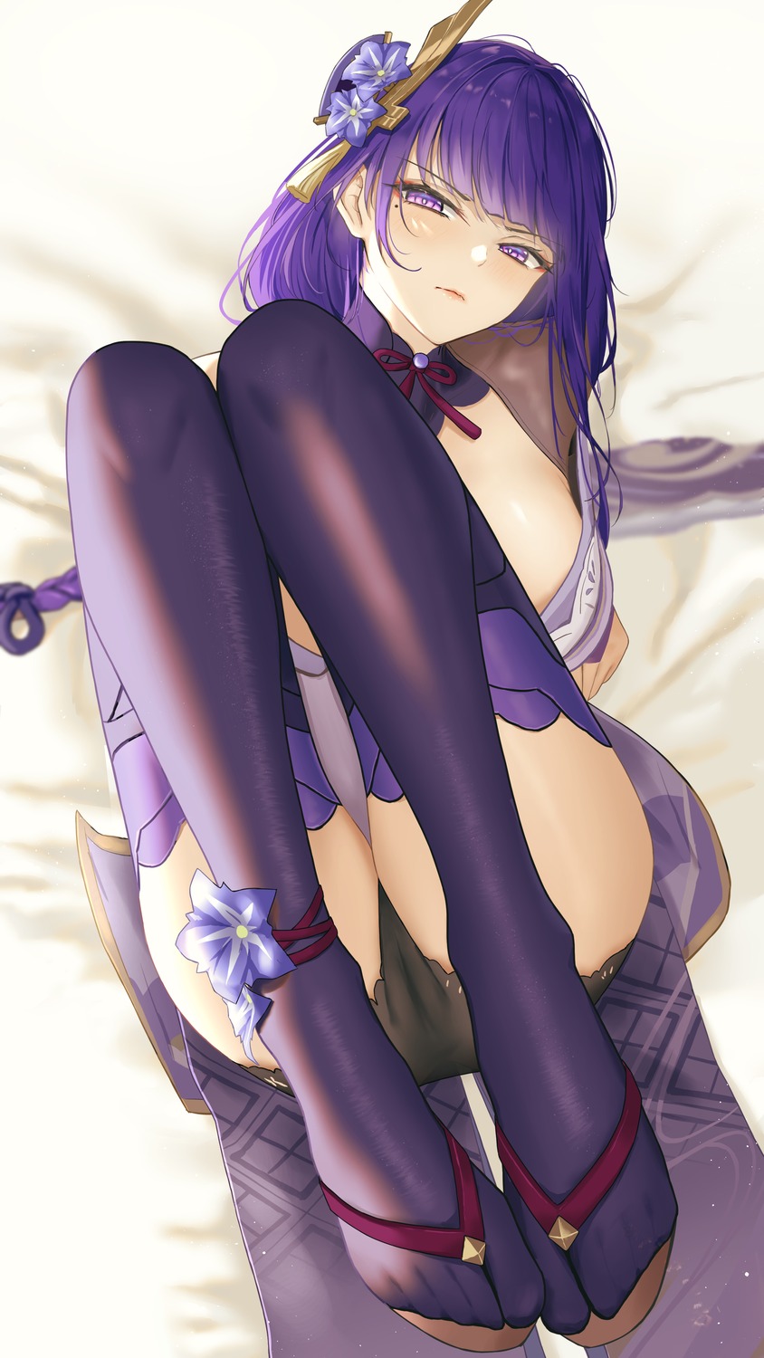 cameltoe eleaaa feet genshin_impact japanese_clothes no_bra open_shirt pantsu raiden_shogun skirt_lift thighhighs