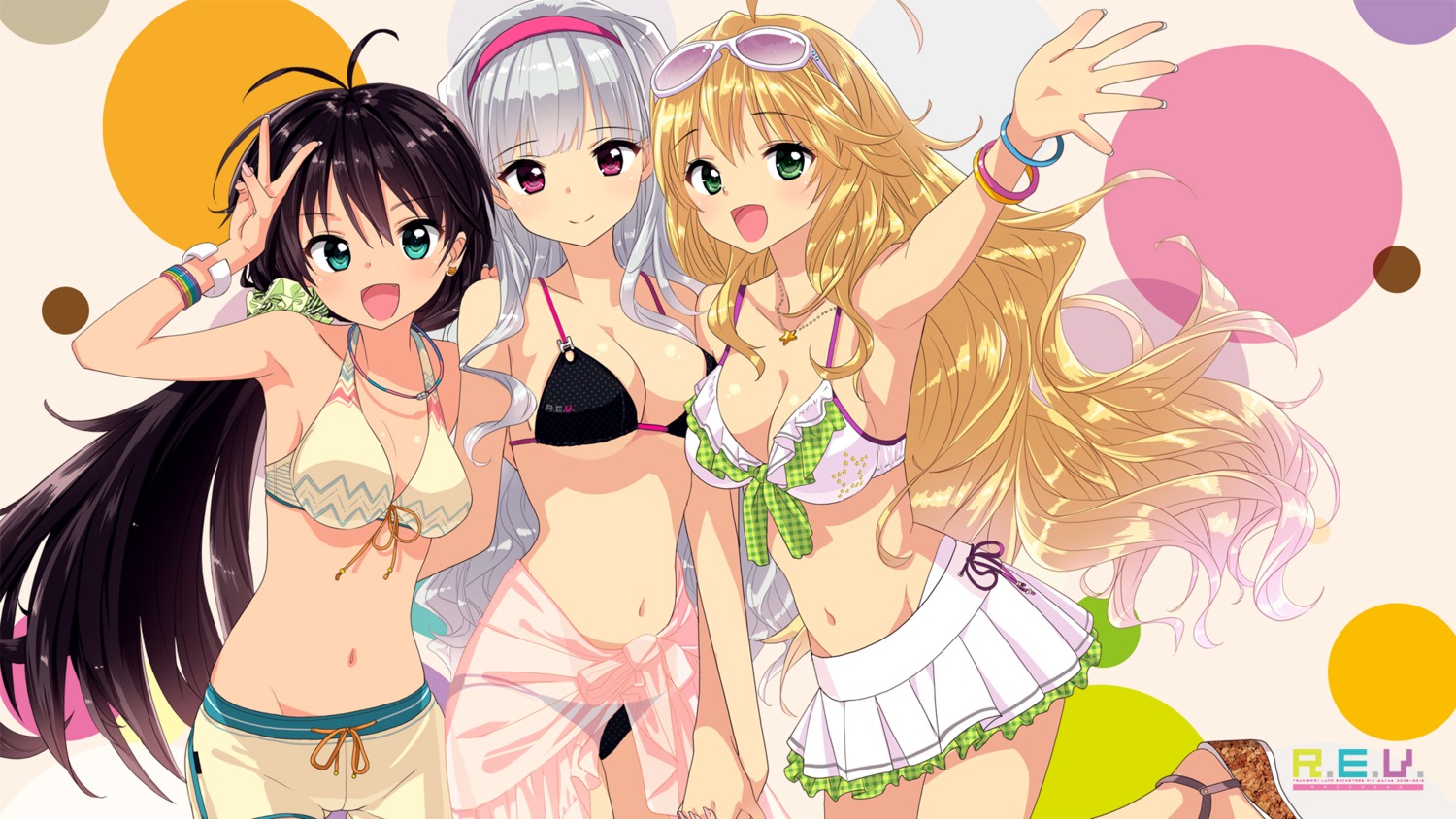 bikini cleavage ganaha_hibiki hoshii_miki lunatic_joker megane shijou_takane swimsuits the_idolm@ster tsukigami_luna wallpaper