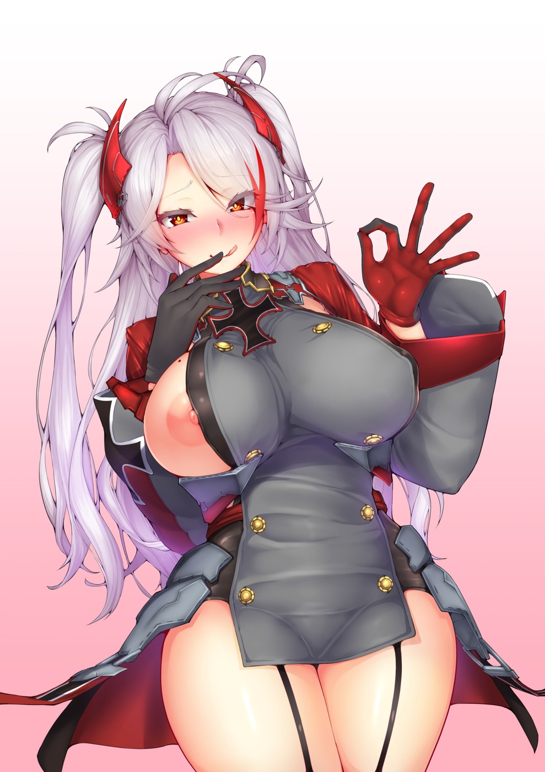 azur_lane nipples no_bra prinz_eugen_(azur_lane) richou_ask uniform wardrobe_malfunction