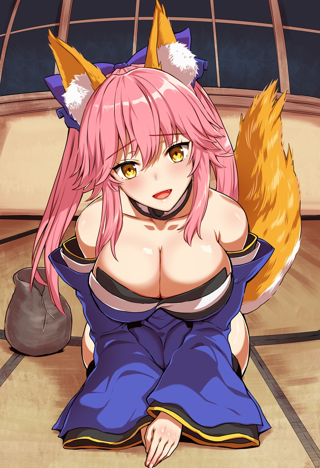 animal_ears cleavage fate/grand_order japanese_clothes kitsune kojima_saya no_bra tail tamamo_no_mae