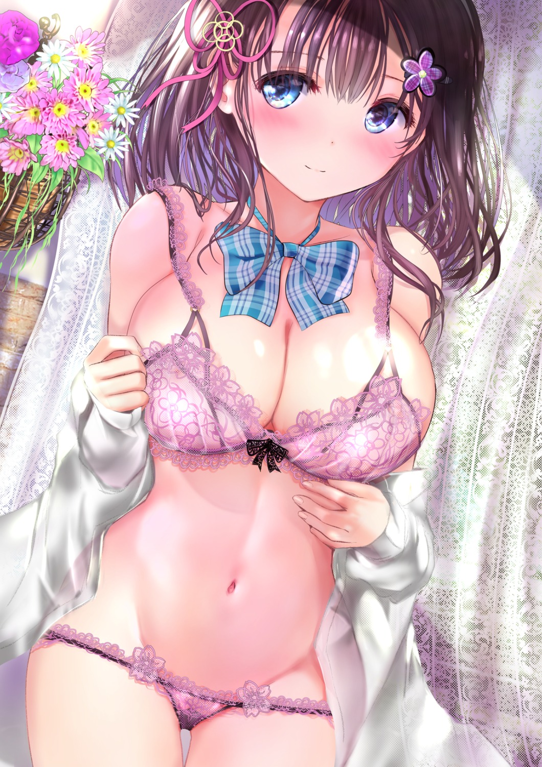 bra lingerie ogata_tei open_shirt pantsu panty_pull see_through