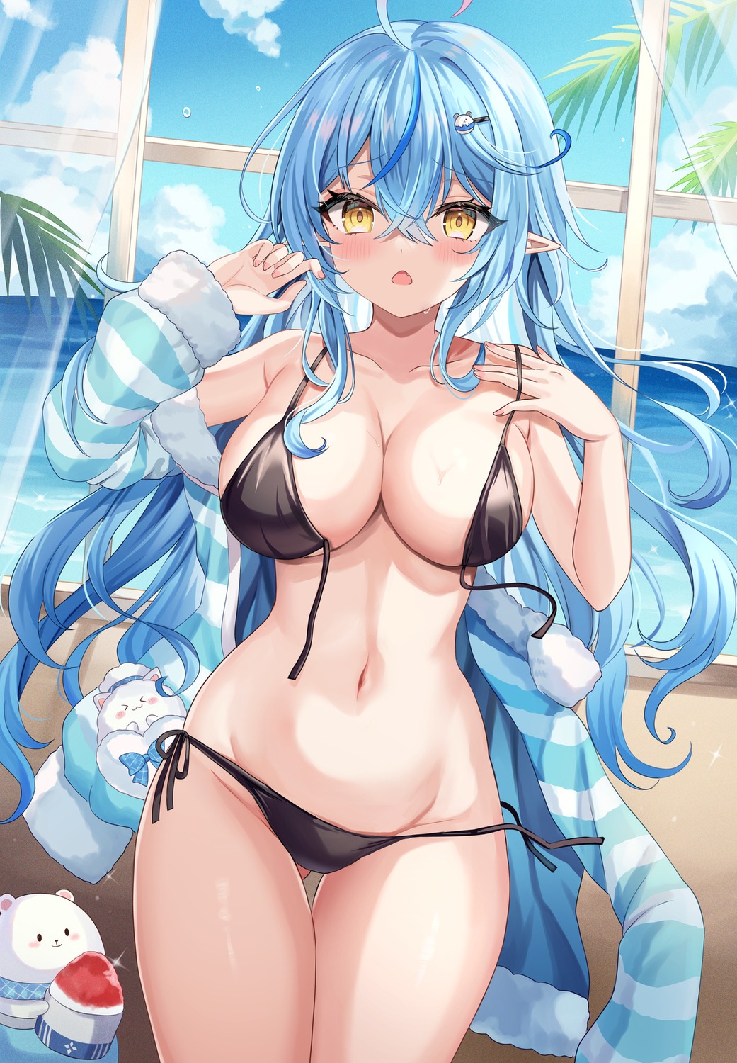 bikini elf hololive pointy_ears retsuto swimsuits wardrobe_malfunction yukihana_lamy