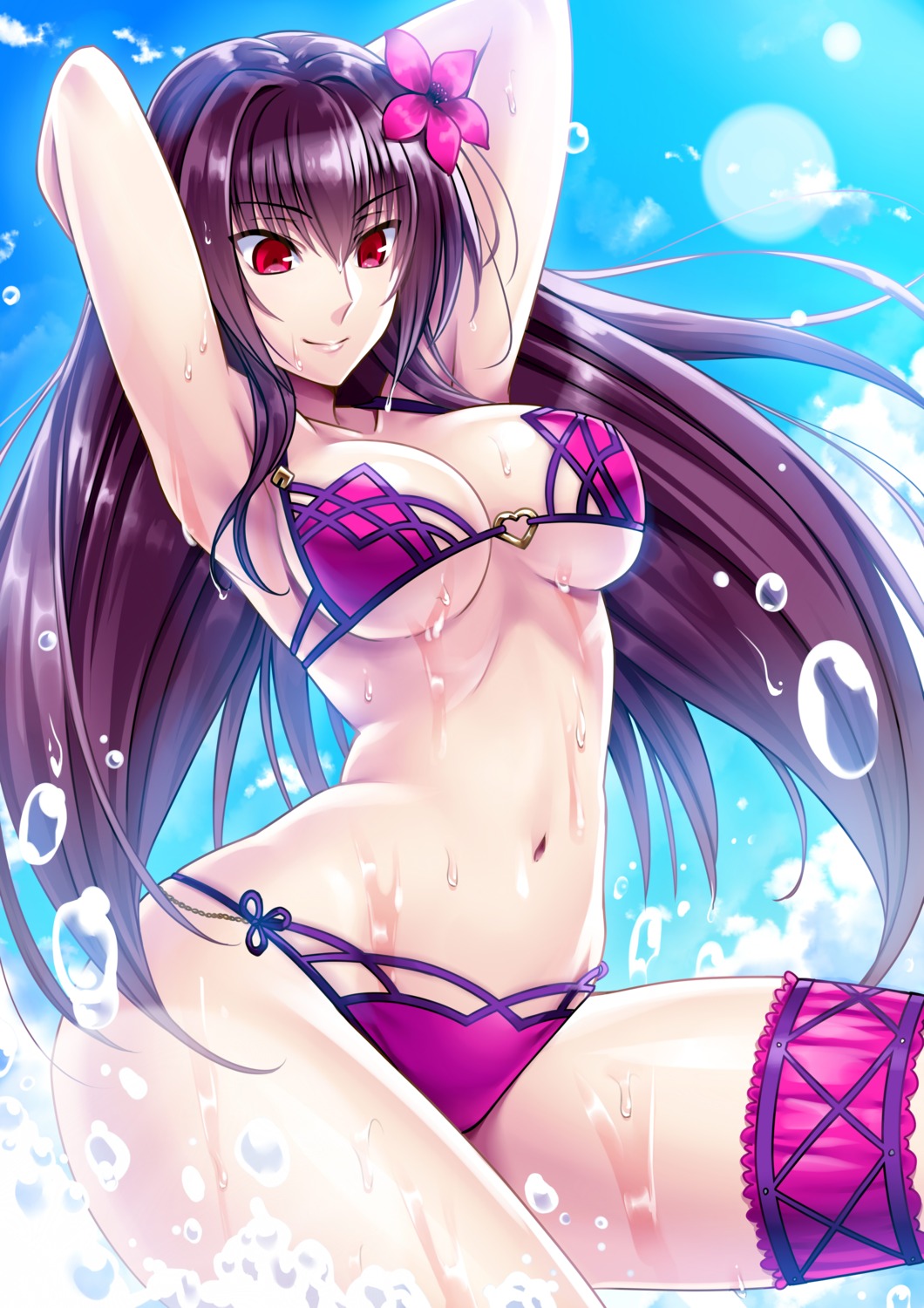 bikini cleavage fate/grand_order garter imada_kozue scathach_(fate) swimsuits underboob wet