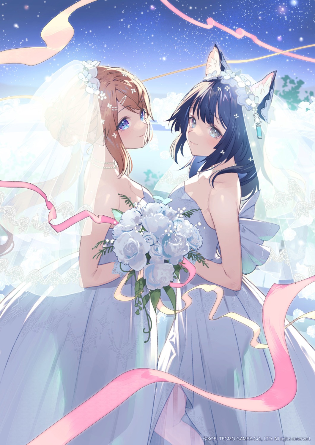 animal_ears atelier atelier_resleriana dress izana_kokoschka koei_tecmo nekomimi no_bra resna_sternenlicht see_through umiu_geso wedding_dress