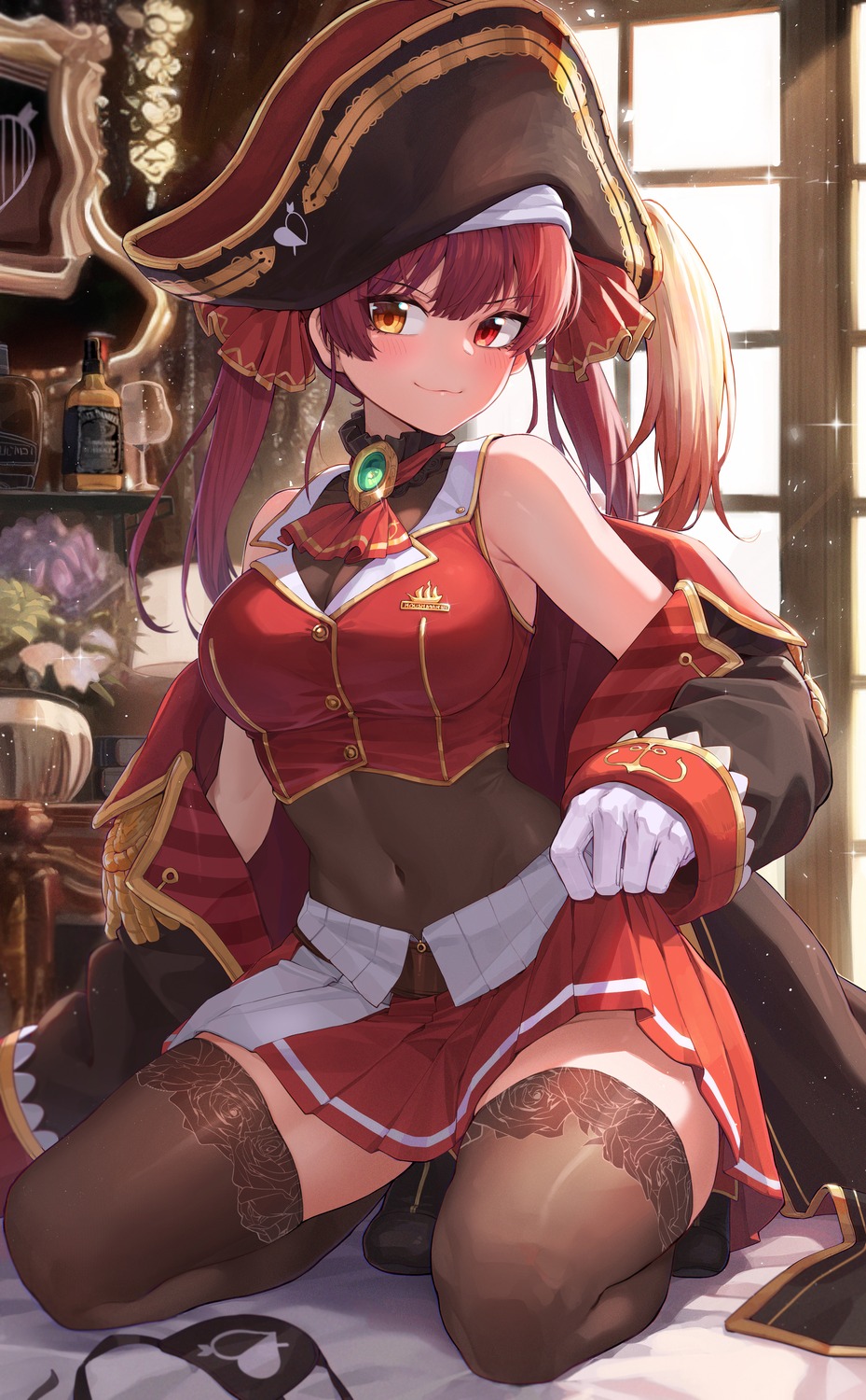 heterochromia hololive houshou_marine kokukyukeo pirate skirt_lift thighhighs