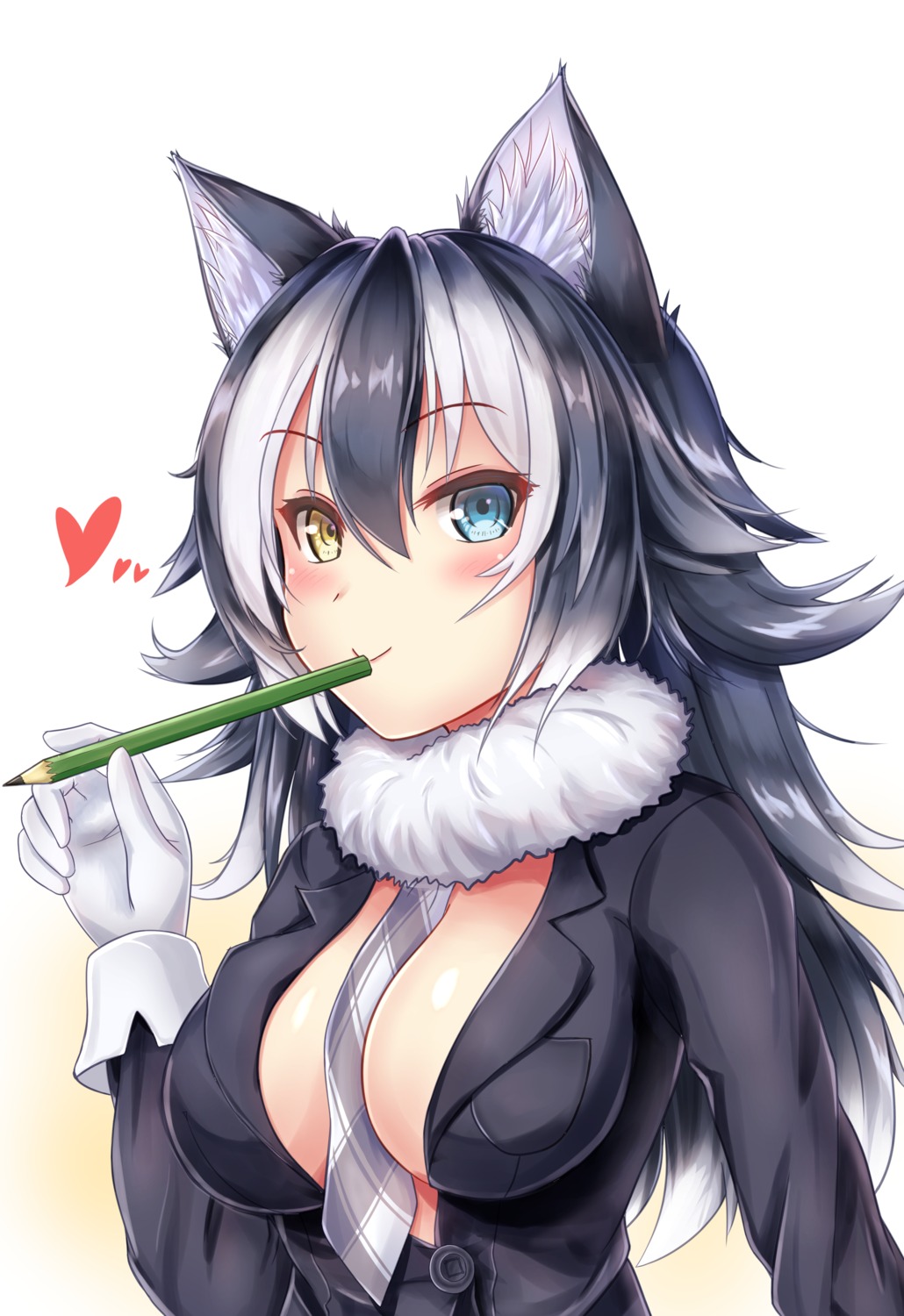 animal_ears cleavage grey_wolf kemono_friends lotpe no_bra open_shirt