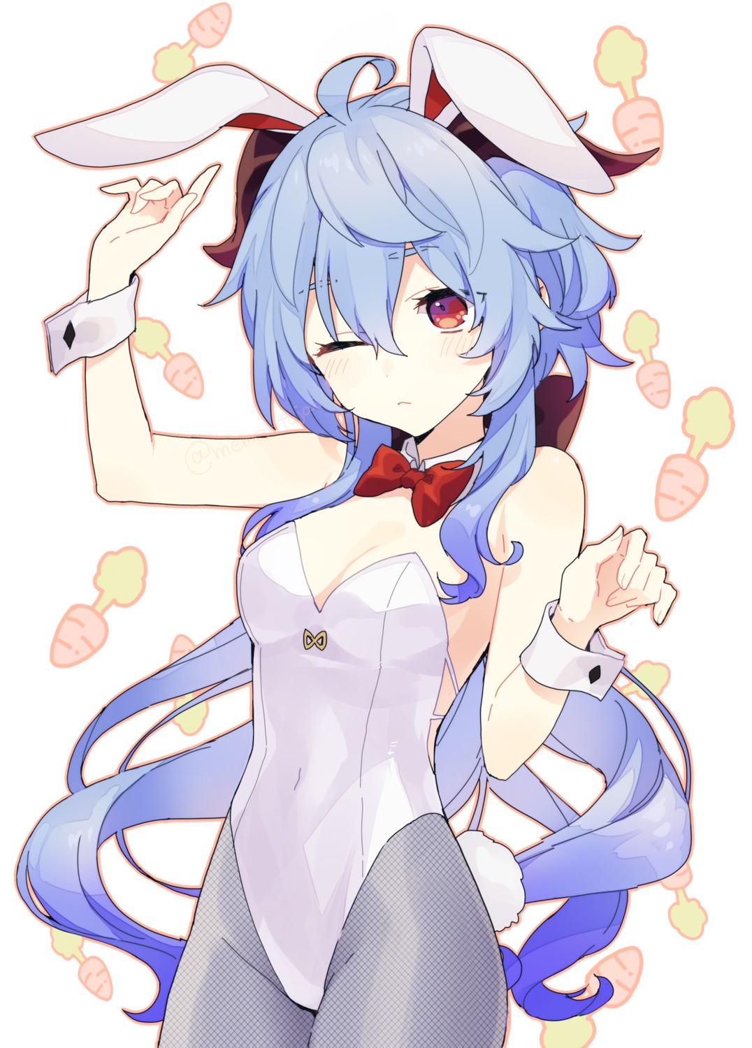 animal_ears bunny_ears bunny_girl cleavage fishnets ganyu genshin_impact horns memeno no_bra pantyhose tail