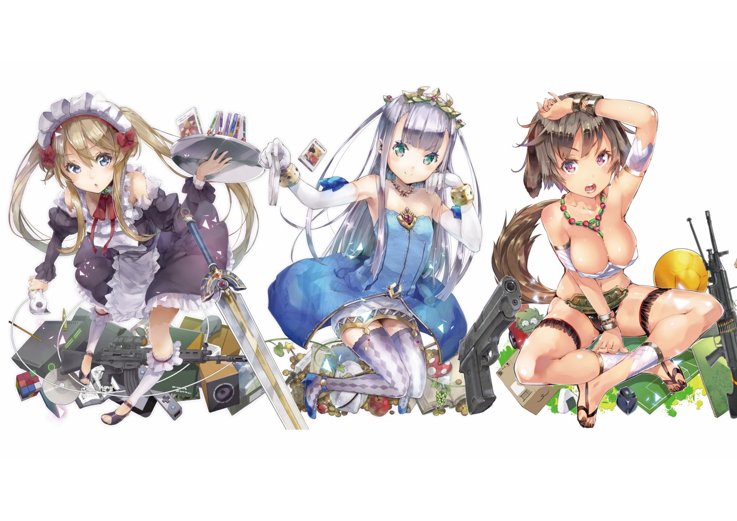 cleavage digital_version elbia_hanaiman garter gun heels maid myuseru_foaran outbreak_company petralka_anne_eldant_iii sword thighhighs yuugen