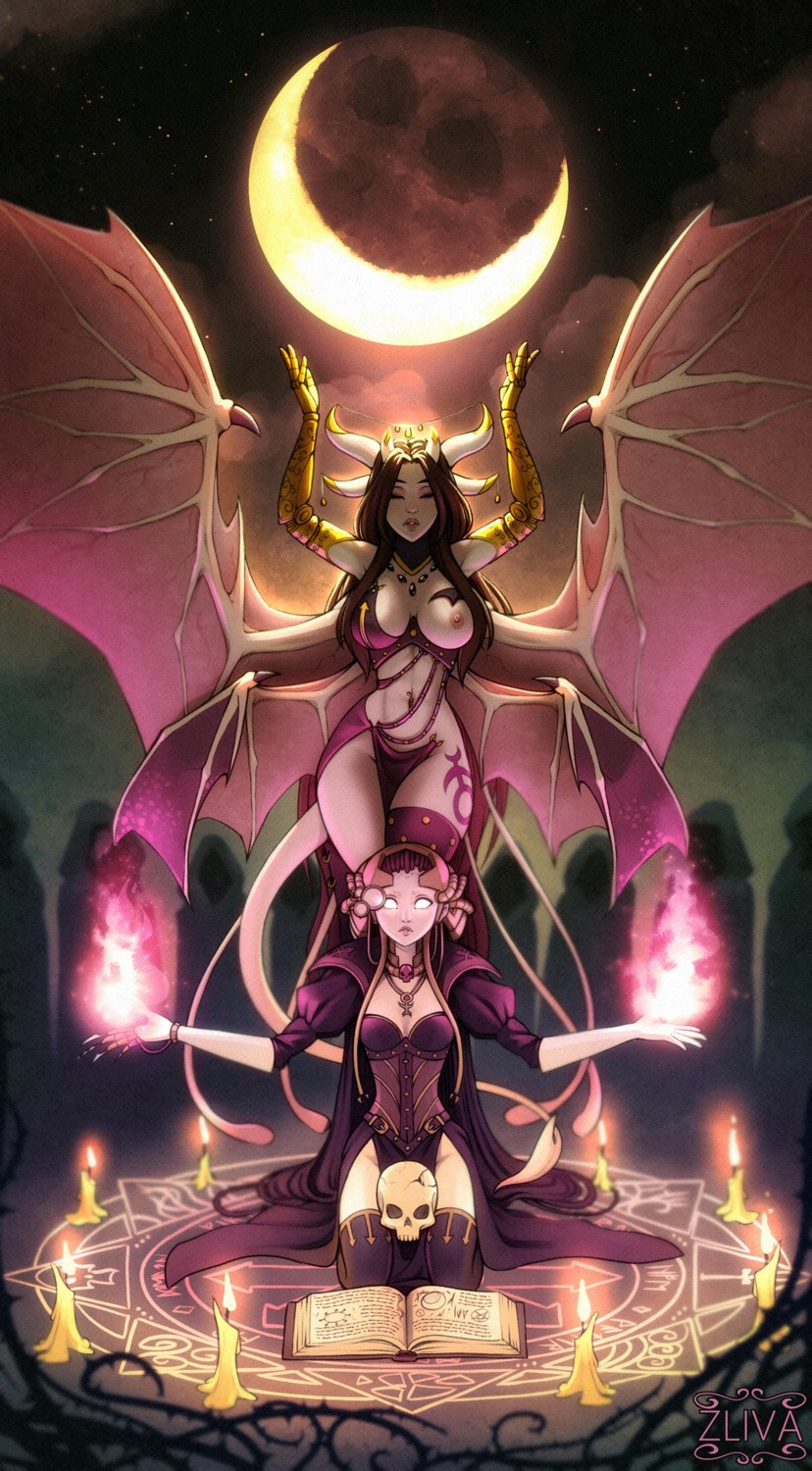 breasts devil dress horns miranda_(zliva) nipples no_bra nopan tail tattoo thighhighs wings zliva