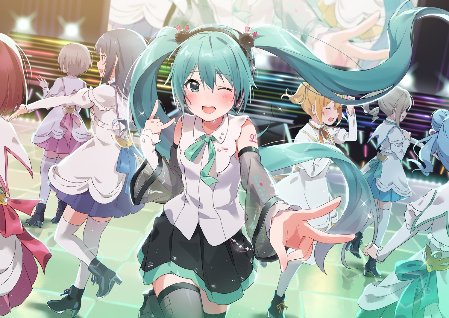 crossover hatsune_miku headphones heels hyoudou_shizuku ibuki_nagisa idoly_pride kawasaki_sakura kino_kazumi nagase_kotono see_through shiraishi_chisa shiraishi_saki tattoo thighhighs uniform vocaloid