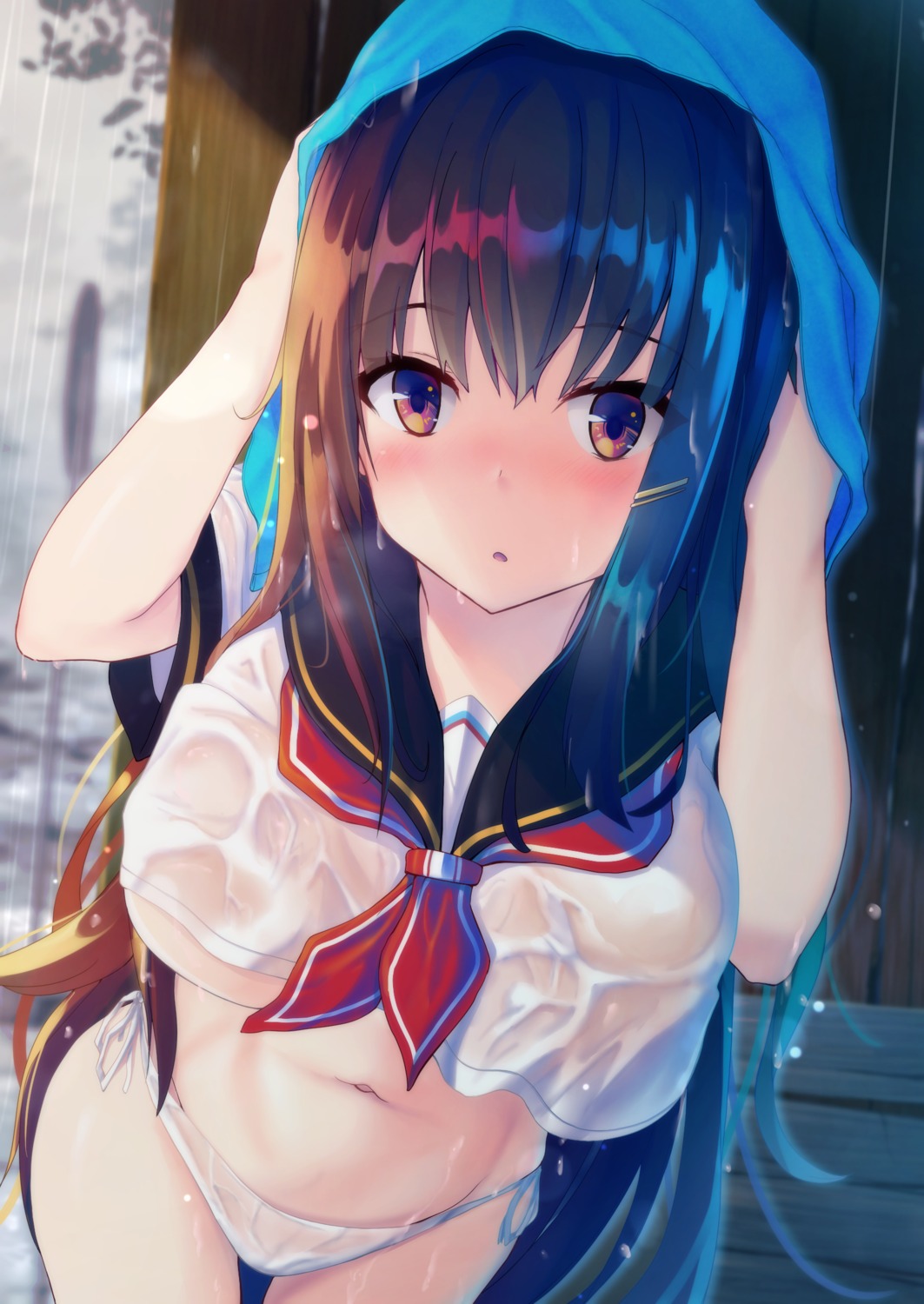 liya no_bra pantsu see_through seifuku shirt_lift string_panties wet wet_clothes