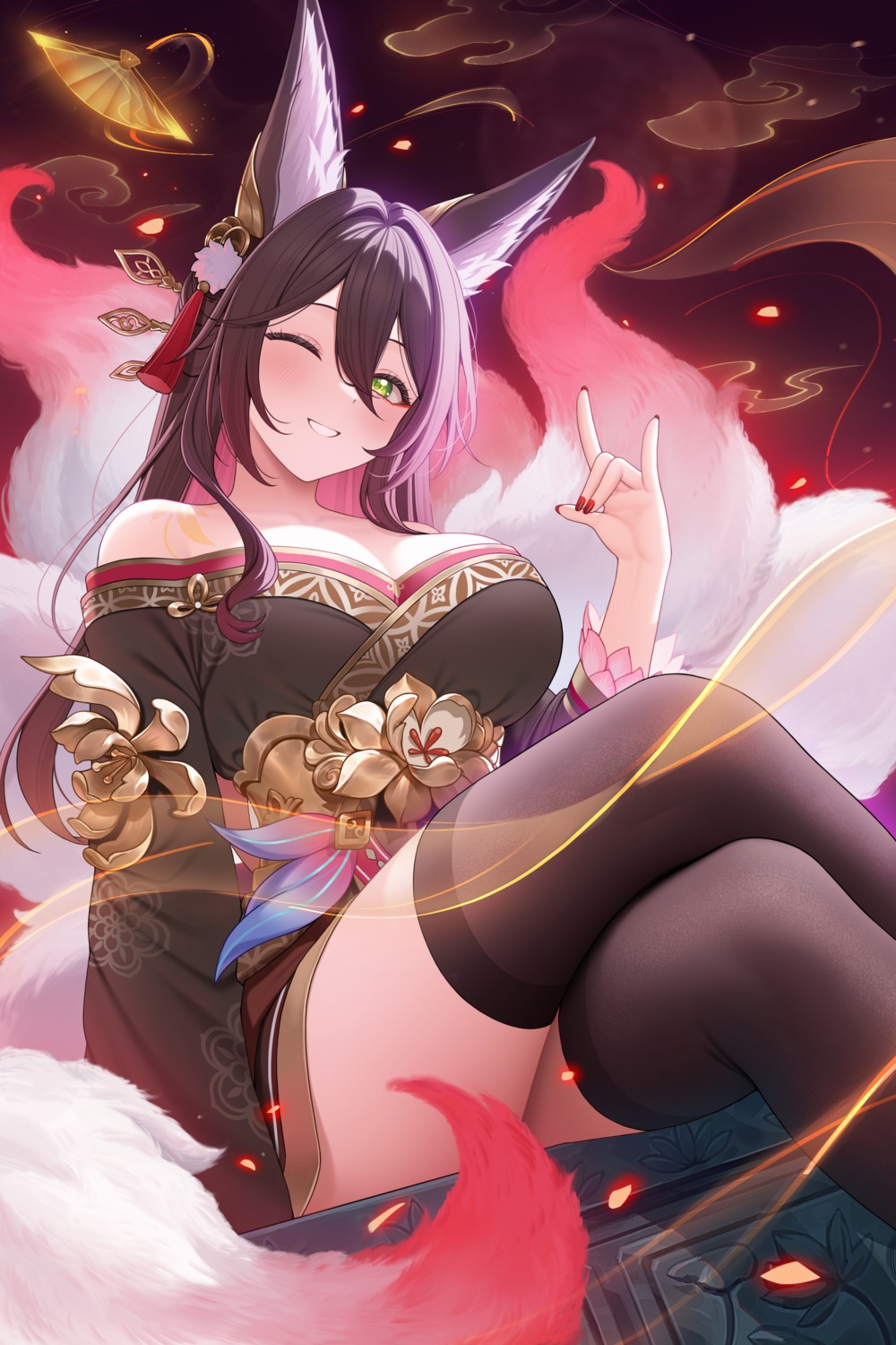 animal_ears fukuro_ko_(greentea) honkai:_star_rail japanese_clothes kitsune no_bra skirt_lift tail thighhighs tingyun