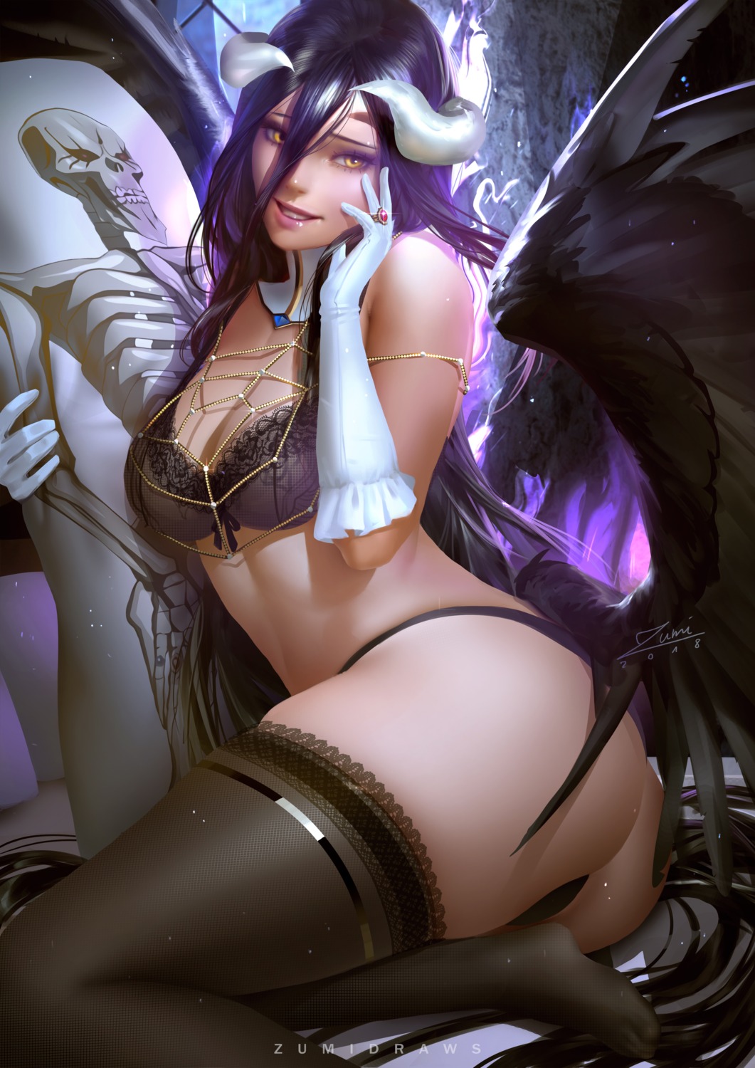 albedo_(overlord) ass bra cleavage horns lingerie official_watermark overlord pantsu thighhighs thong wings zumi_(zumidraws)