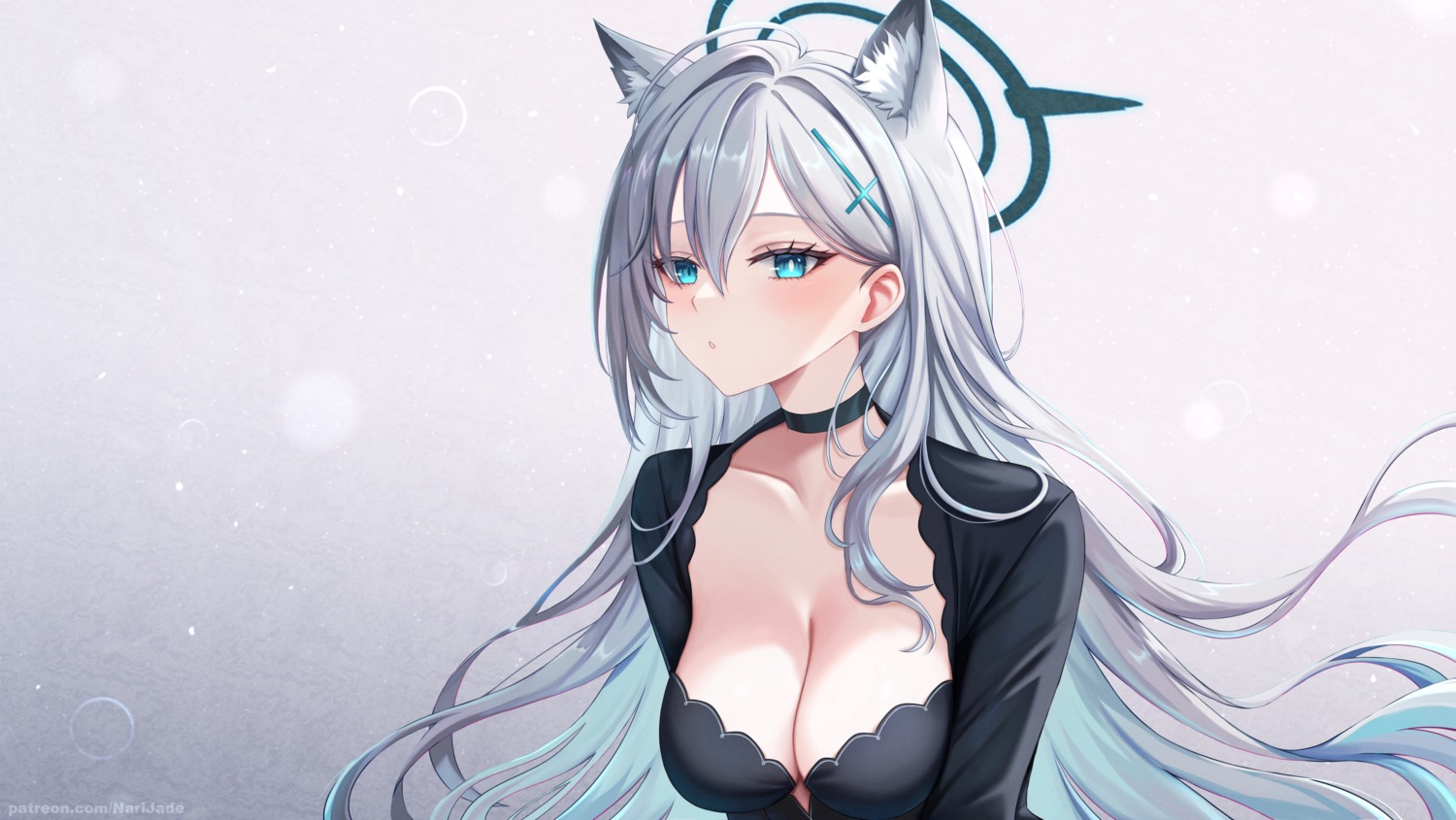 animal_ears blue_archive dress halo narijade nekomimi no_bra shiroko_terror sunaookami_shiroko