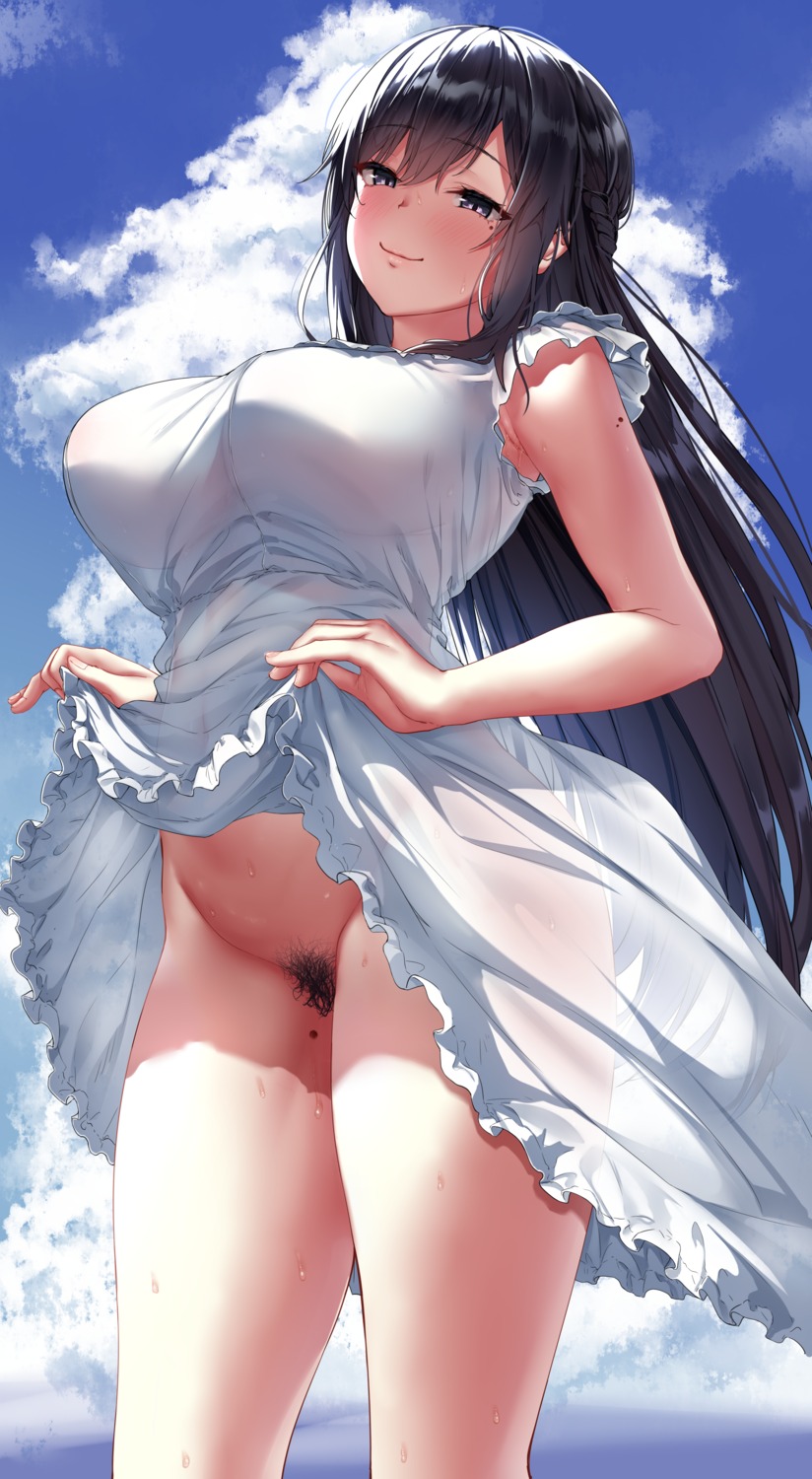 dress jack_dempa nopan pubic_hair see_through skirt_lift summer_dress swimsuits wet