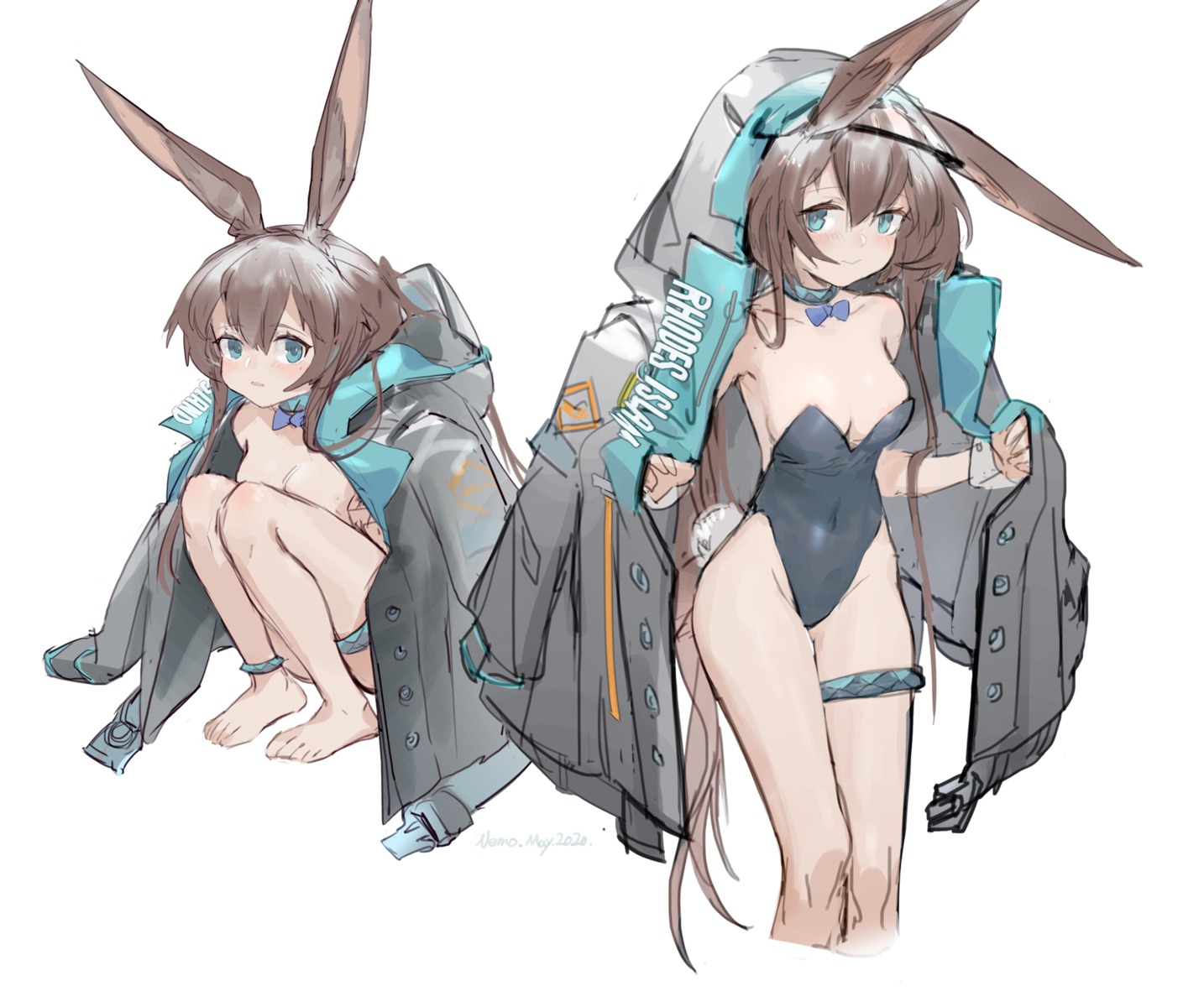 amiya_(arknights) animal_ears arknights bunny_ears bunny_girl garter naked_cape nemo_(leafnight) no_bra sketch