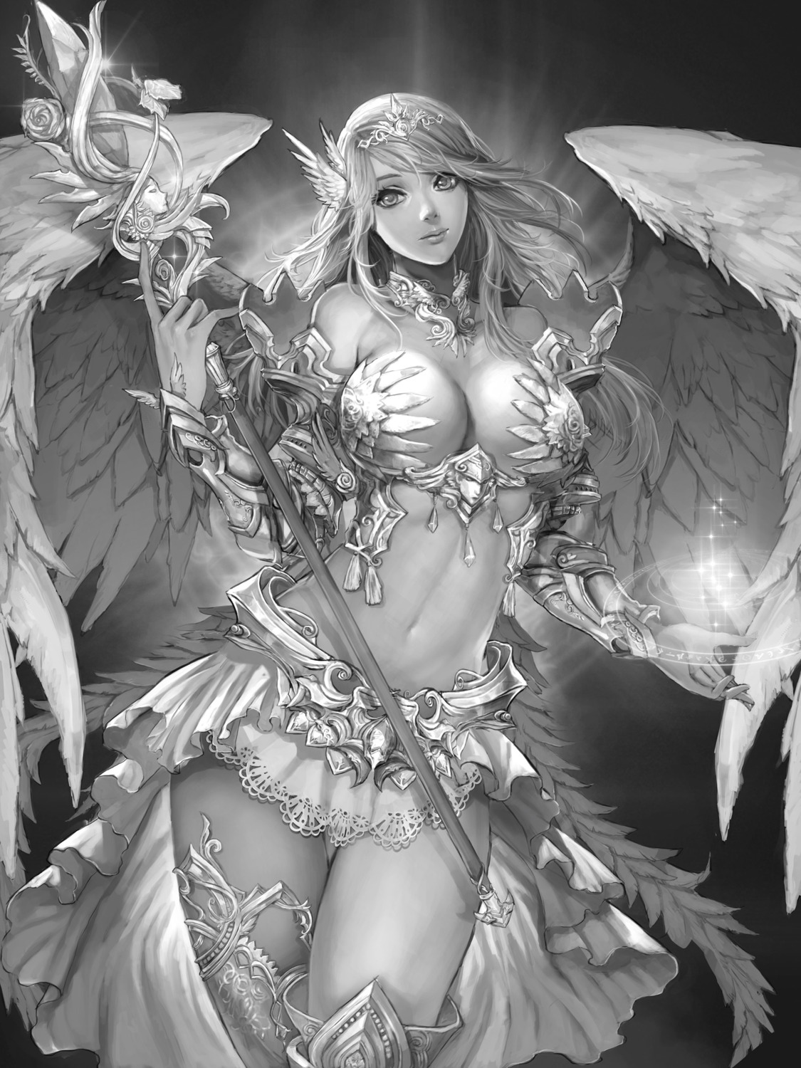 armor bikini_armor cleavage ken_(artist) monochrome weapon wings