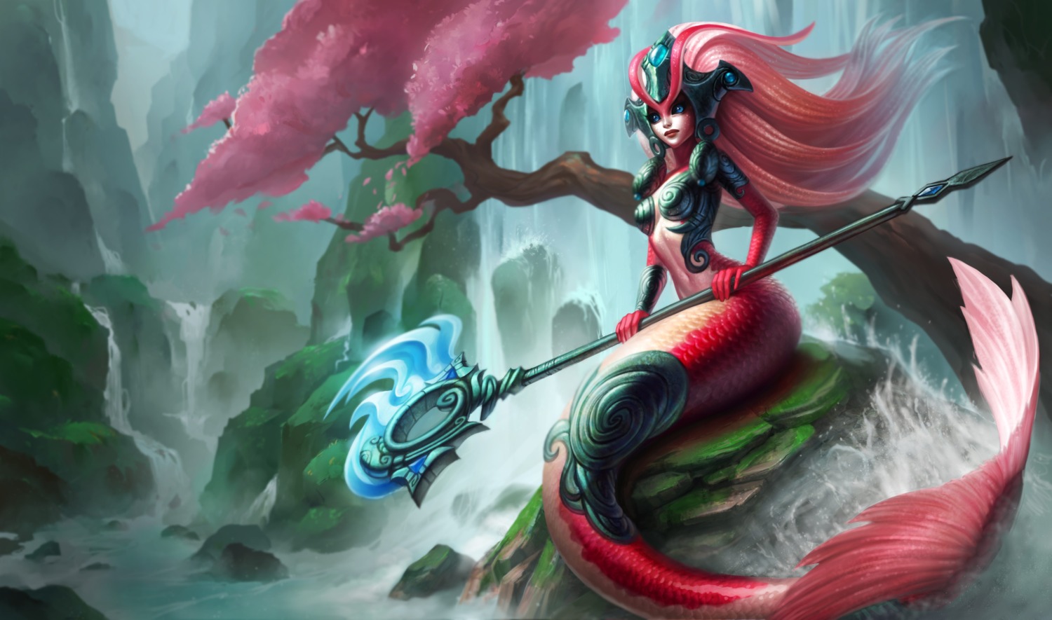 armor cleavage league_of_legends mermaid monster_girl no_bra tagme tail weapon wet