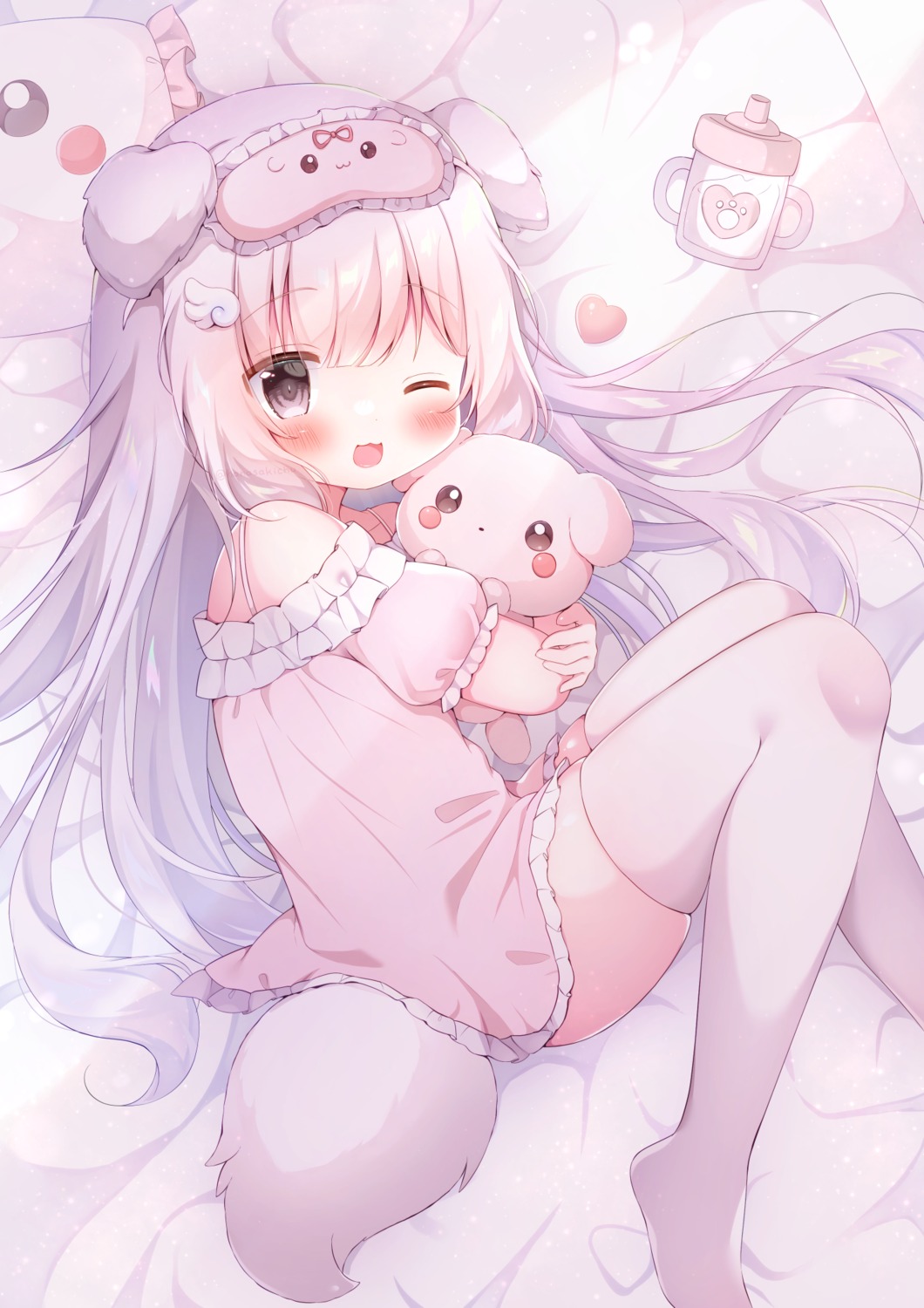 animal_ears hanasakichu inumimi pajama tail thighhighs