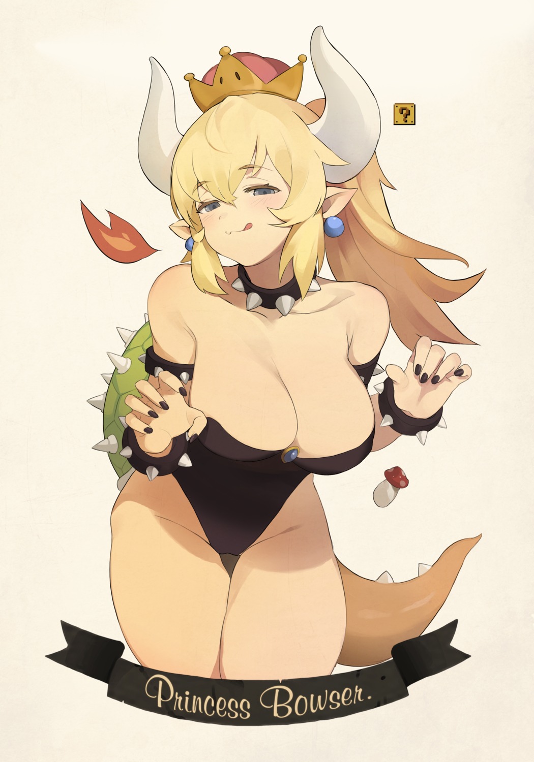 bowsette cleavage horns leotard new_super_mario_bros._u_deluxe no_bra pointy_ears tail uthy
