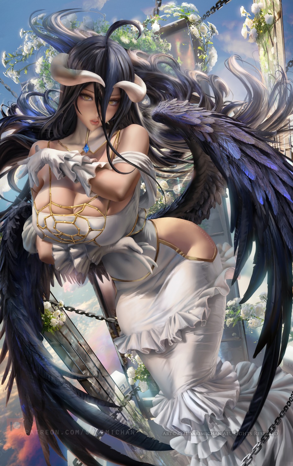 albedo_(overlord) dress horns nopan overlord sakimichan wings