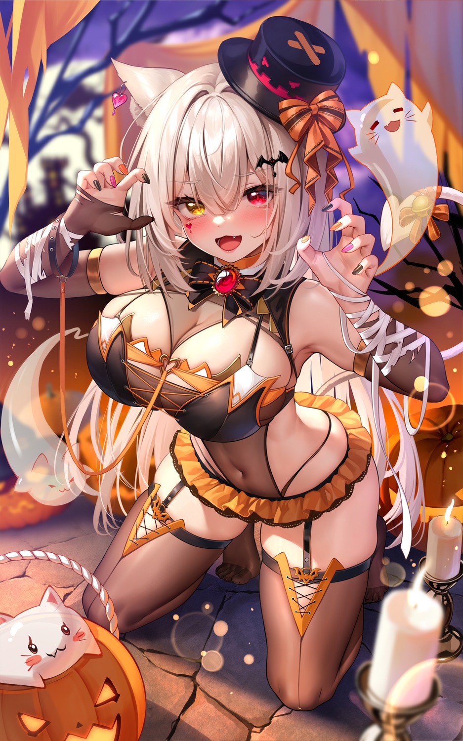 animal_ears halloween heterochromia leotard meion nekomimi see_through stockings tail tattoo thighhighs