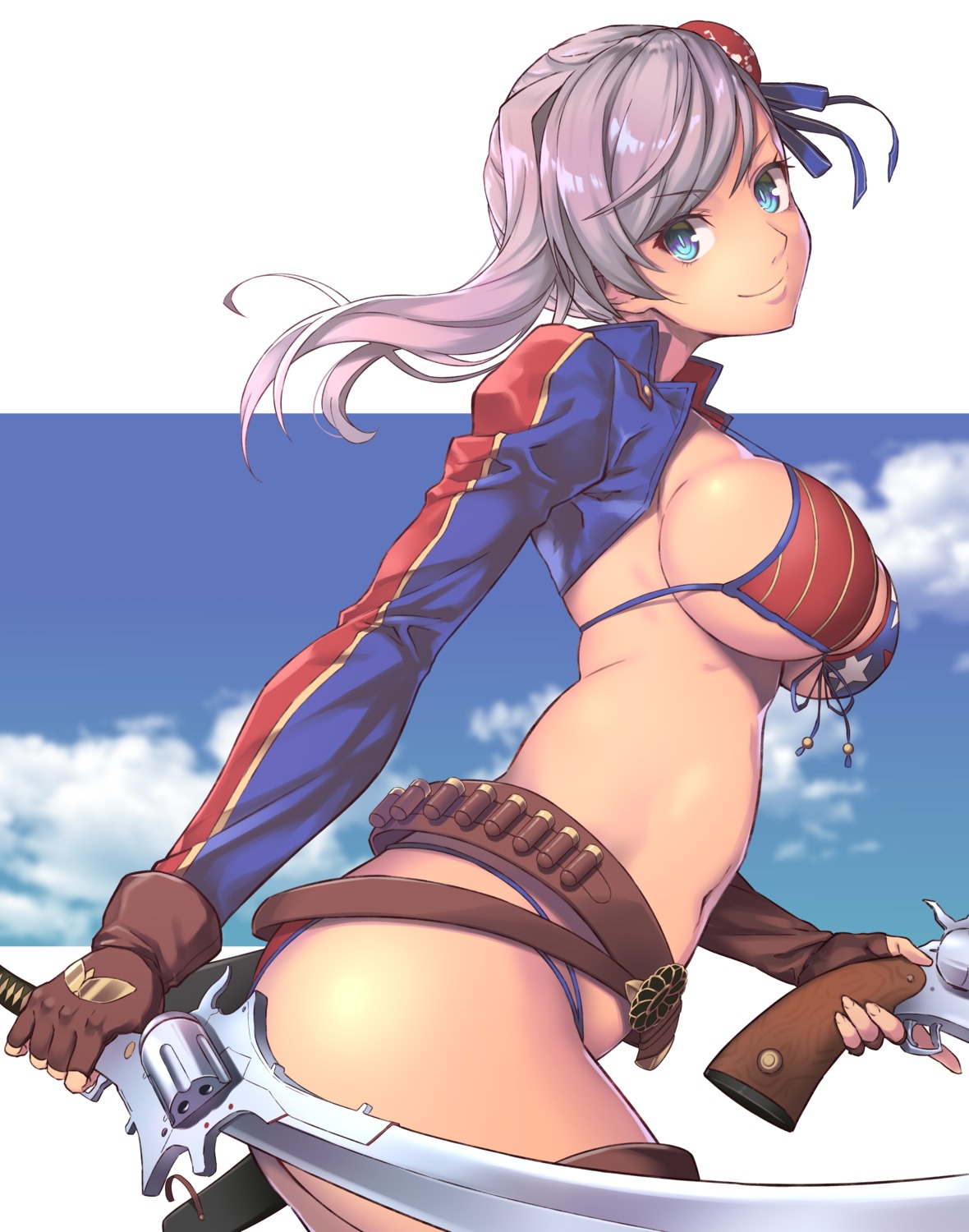 bikini fate/grand_order gun miyamoto_musashi_(fate/grand_order) swimsuits sword takahan