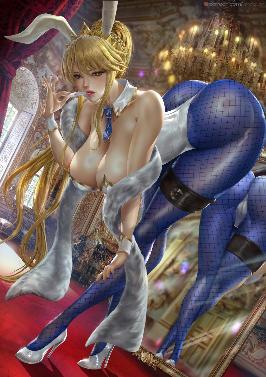 animal_ears artoria_pendragon_(lancer) artoria_pendragon_(swimsuit_ruler)_(fate) ass bunny_ears bunny_girl cameltoe fate/grand_order fishnets garter heels lexaiduer no_bra pantyhose