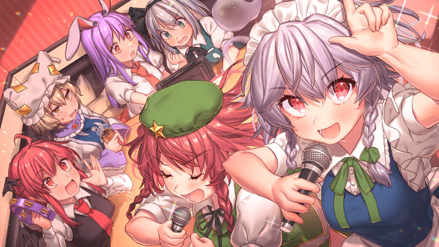 animal_ears bunny_ears hong_meiling izayoi_sakuya koakuma konpaku_youmu maid masanaga_(tsukasa) reisen_udongein_inaba seifuku touhou wallpaper wings yakumo_ran