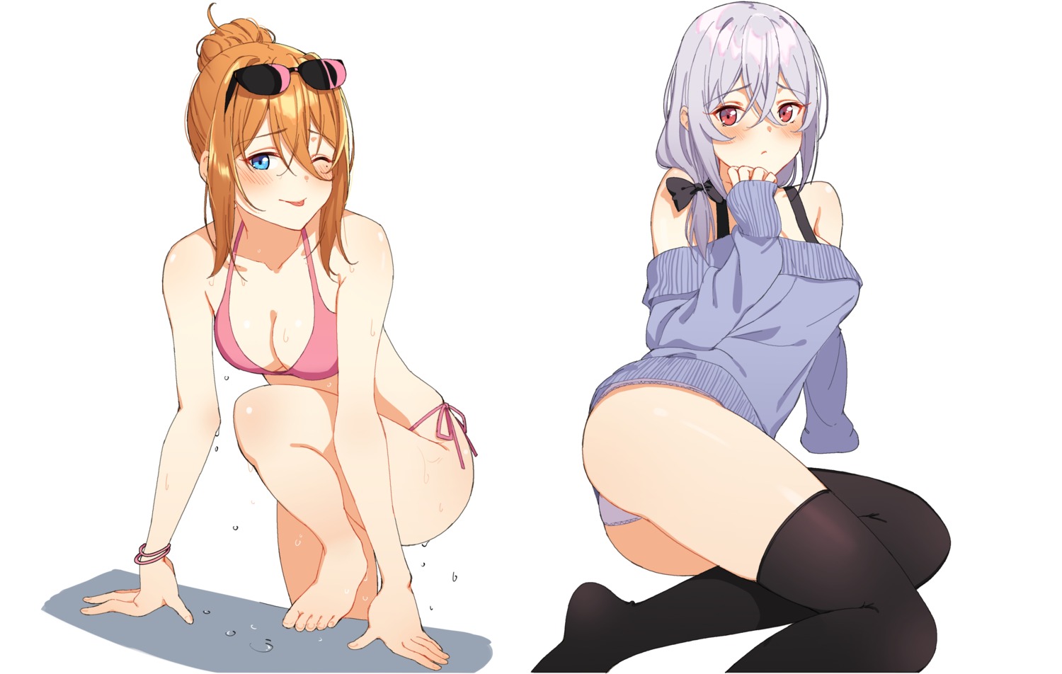 bikini cleavage goumudan megane pantsu sweater swimsuits thighhighs wet