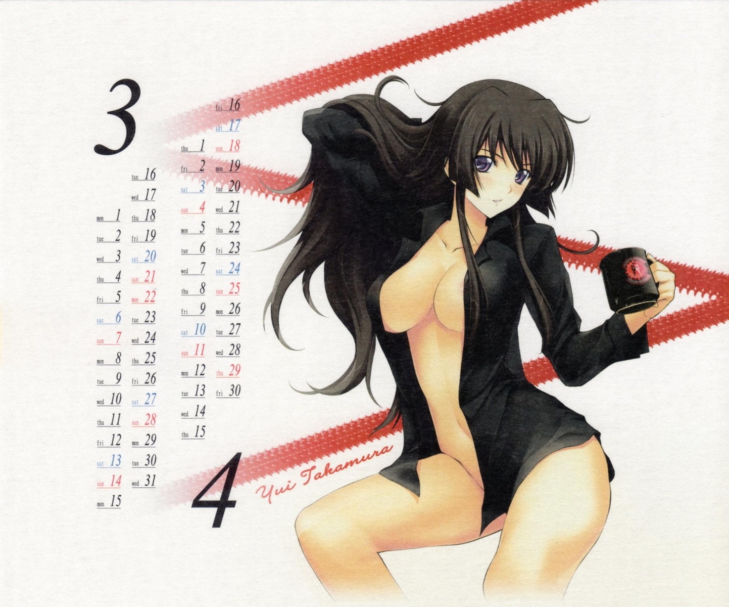 bottomless calendar cleavage dress_shirt miyata_ao muvluv no_bra open_shirt paper_texture takamura_yui