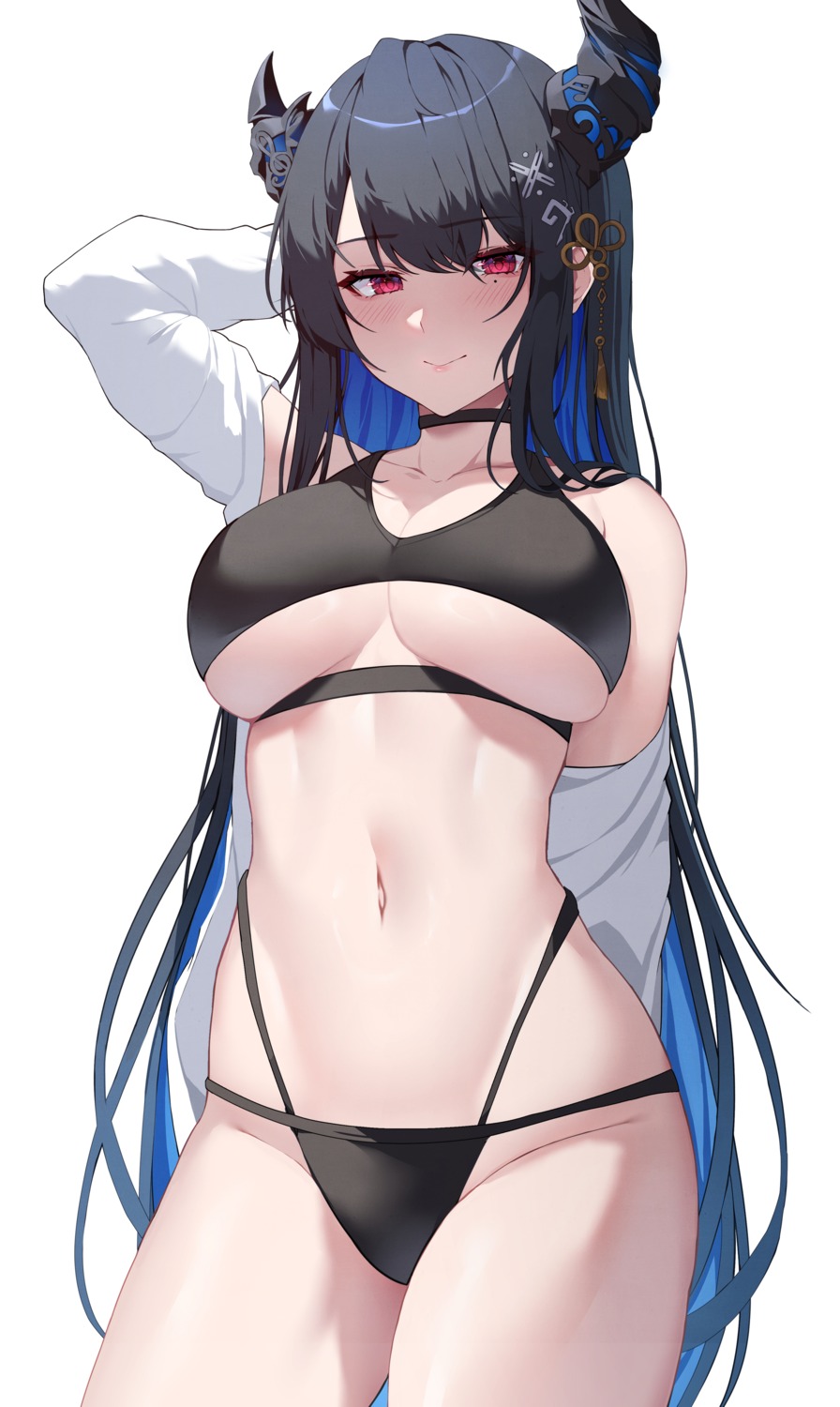 bikini hololive hololive_english horns lessthanone nerissa_ravencroft open_shirt swimsuits