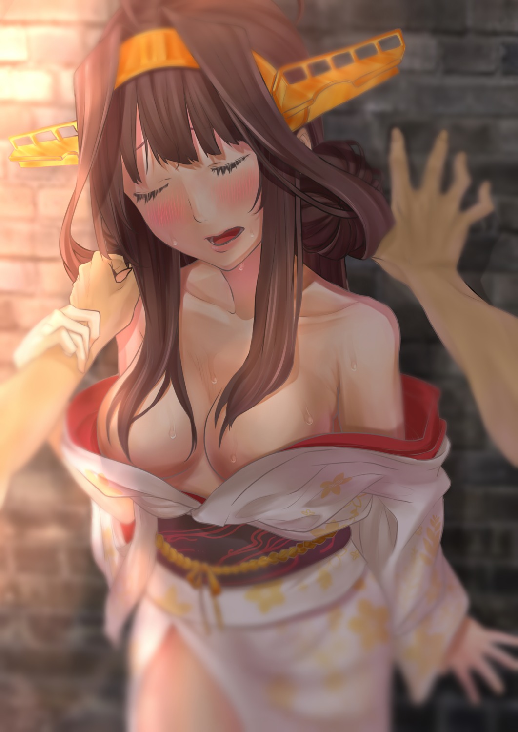 baffu breasts kantai_collection kongou_(kancolle) no_bra open_shirt yukata