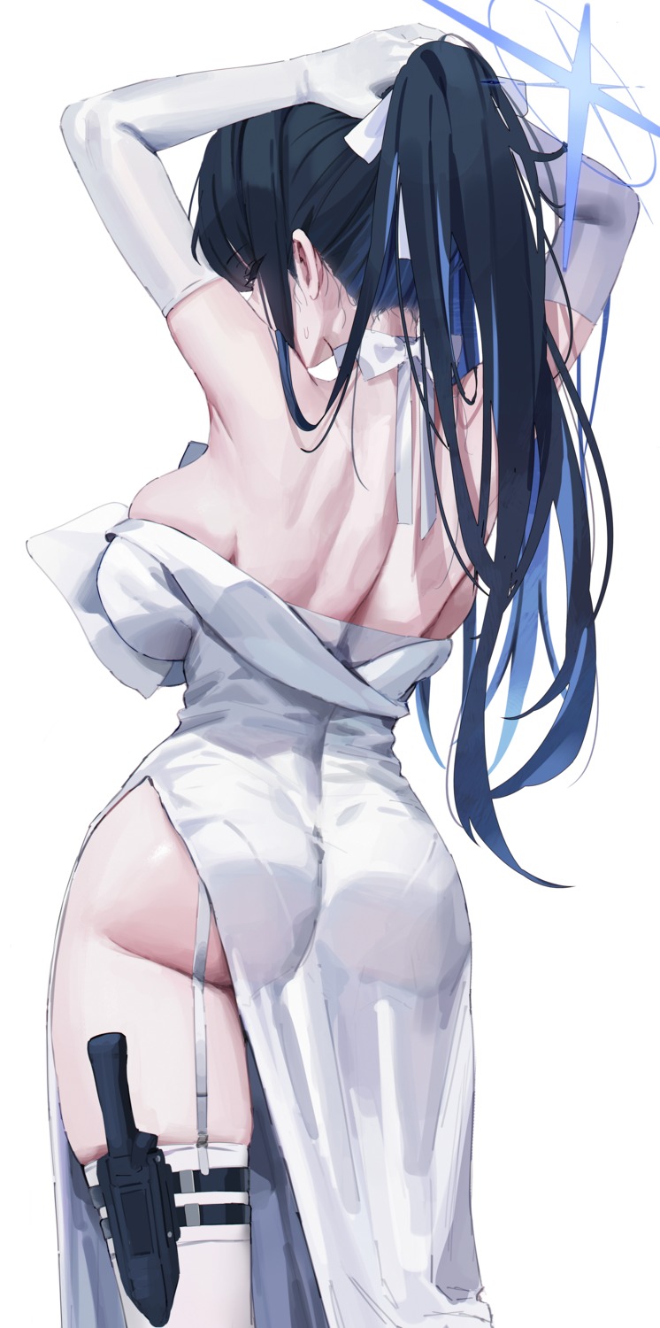 ass blue_archive dress garter gompang_11 halo joumae_saori no_bra stockings thighhighs weapon