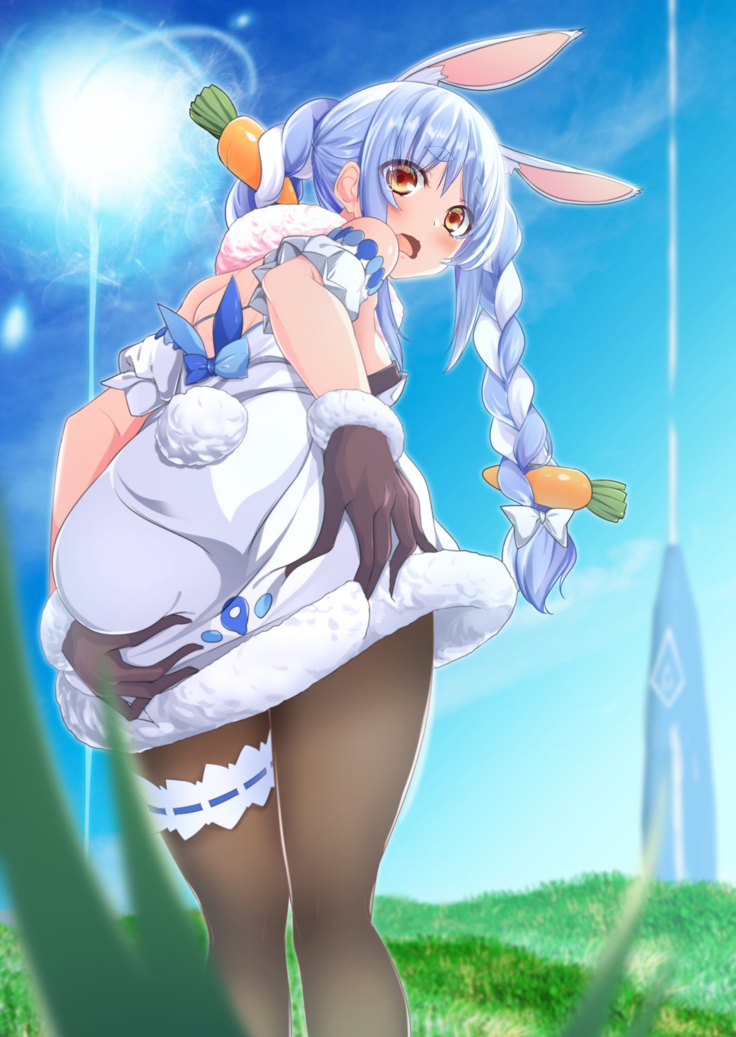 animal_ears ass bunny_ears bunny_girl garter hololive noumin pantyhose skirt_lift usada_pekora