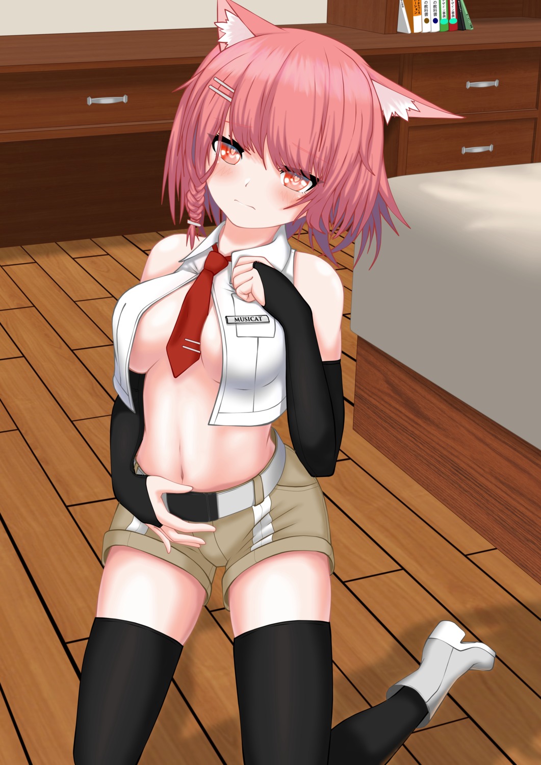 animal_ears heels nekomimi no_bra open_shirt tagme thighhighs