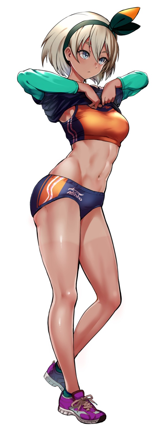 buruma gym_uniform pokemon pokemon_swsh puca-rasu saitou_(pokemon) shirt_lift tan_lines undressing