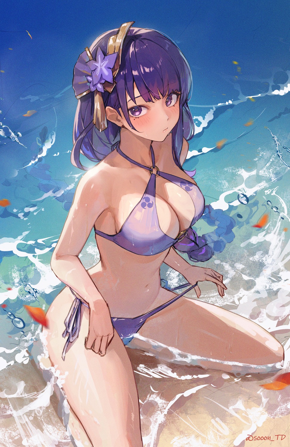 bikini genshin_impact raiden_shogun sooon swimsuits undressing wet