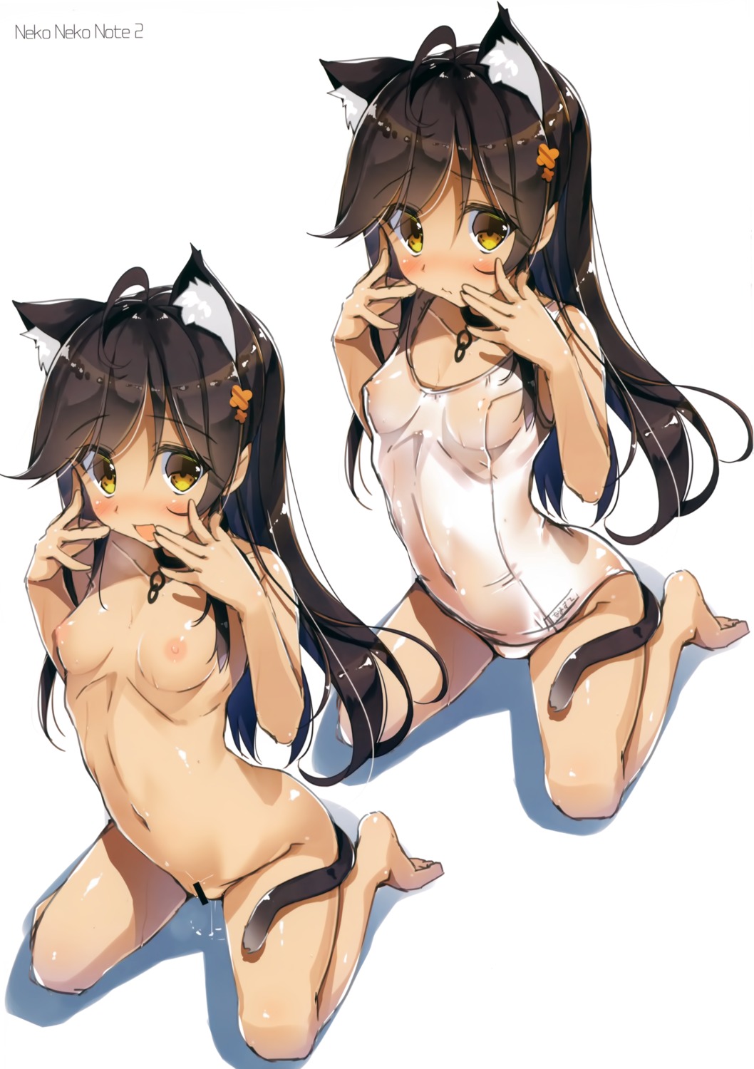 animal_ears censored naked neko_gosho nekomimi nipples school_swimsuit see_through swimsuits tail yanagi_yuu