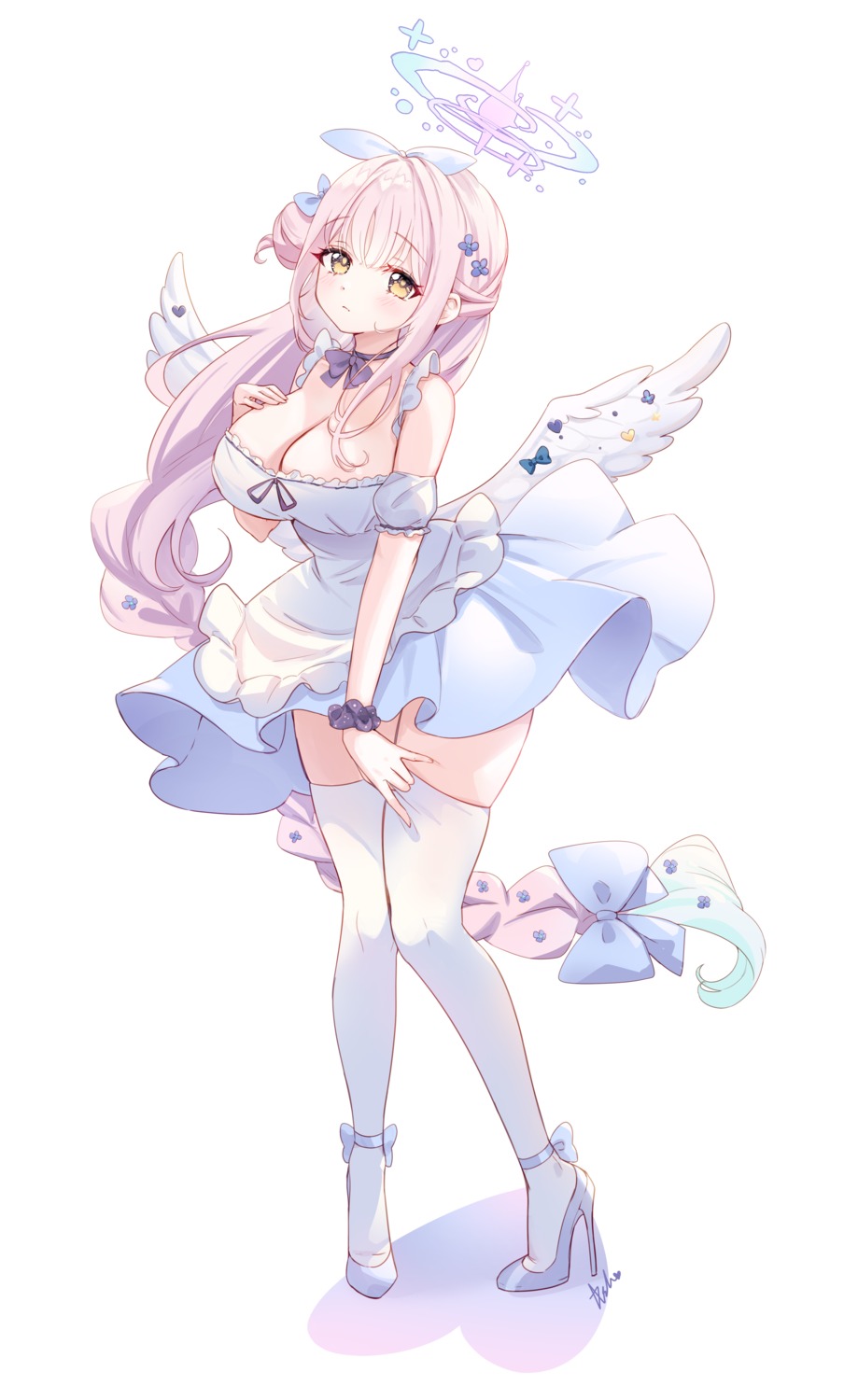 angel ash_(cat7evy) blue_archive dress heels misono_mika skirt_lift thighhighs wings