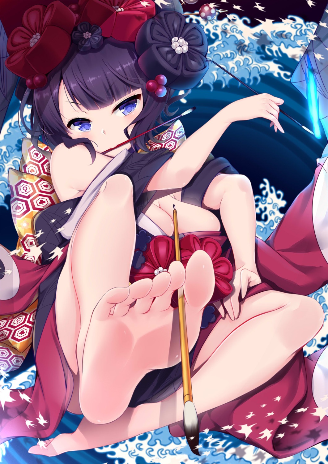 fate/grand_order feet japanese_clothes katsushika_hokusai_(fate) ko_yu no_bra open_shirt